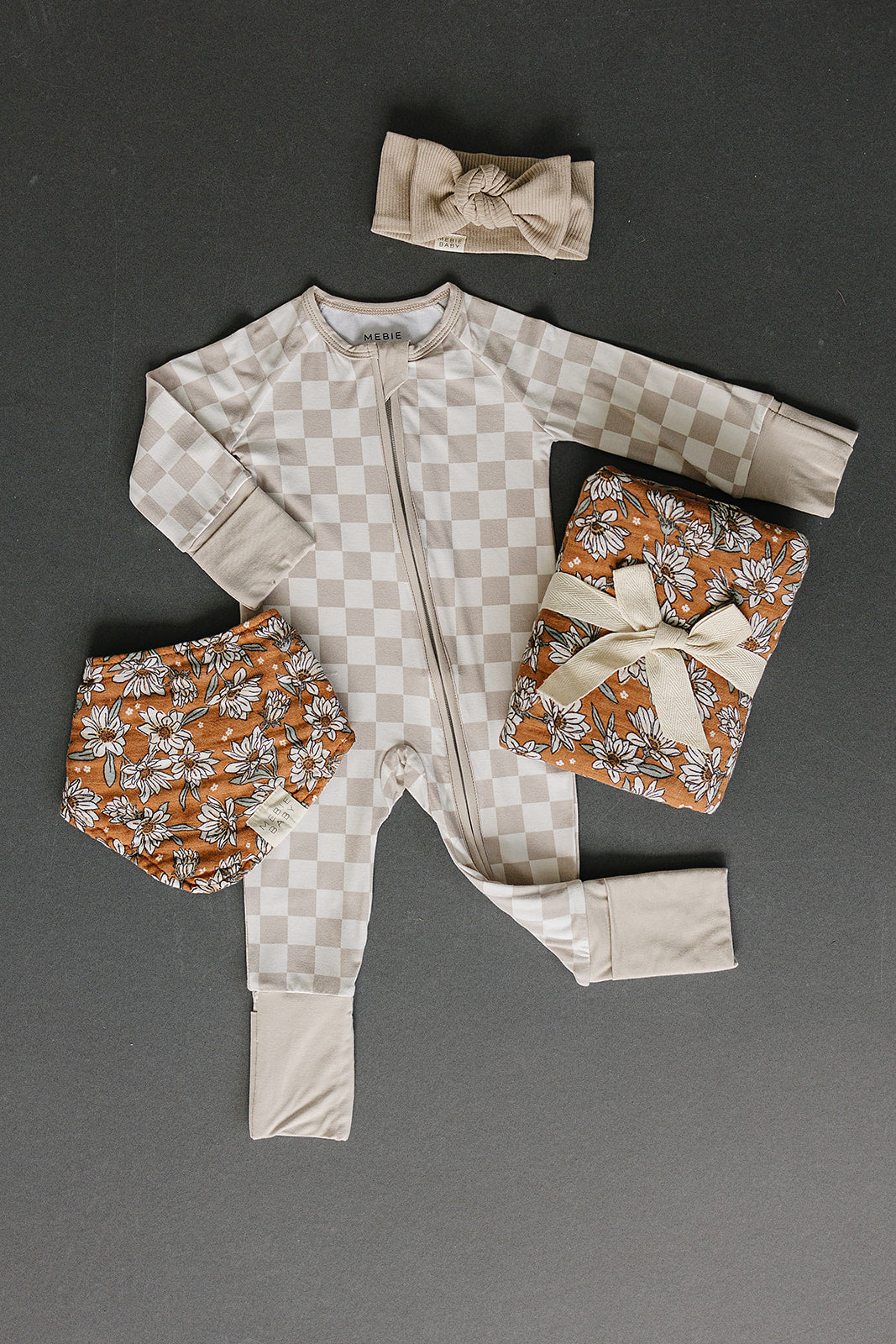 Taupe Checkered Bamboo Zipper Mebie Baby