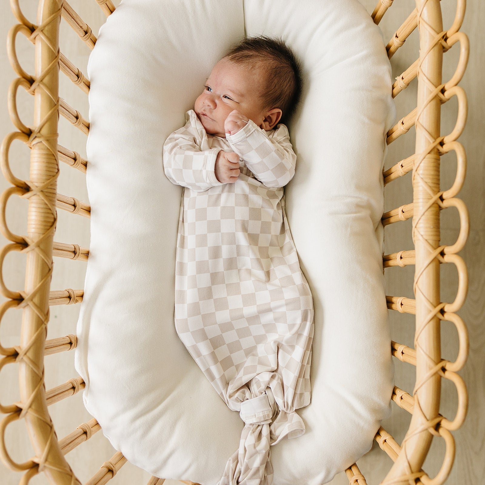 Taupe Checkered Bamboo Knot Gown  Mebie Baby