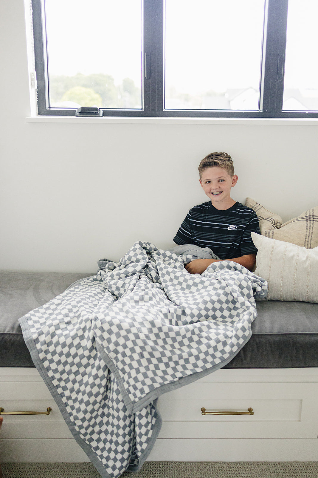 Dusty Blue Wavy Checkered Twin Muslin Quilt Mebie Baby