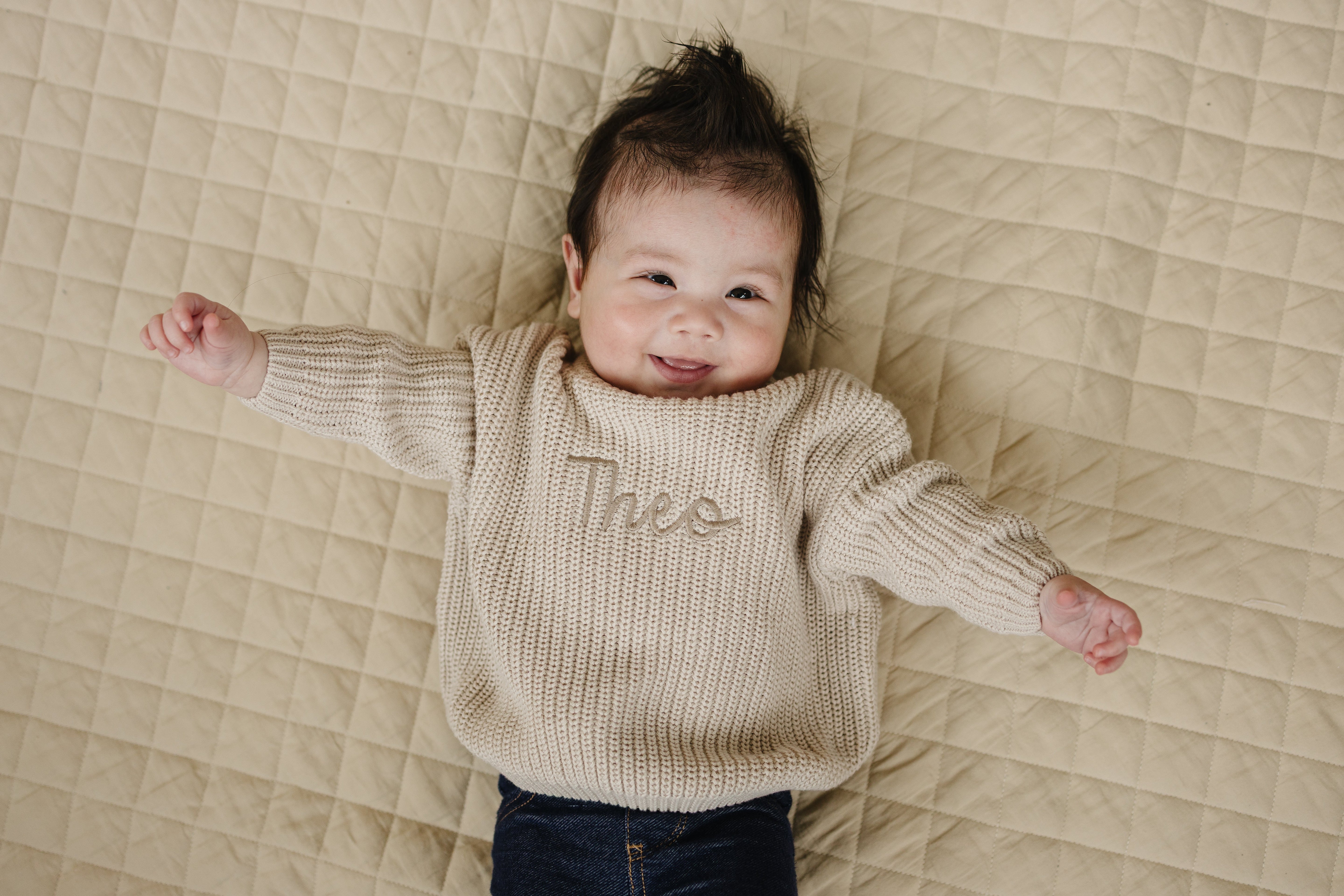 Custom Embroidered Knit Sweater - Beige Tone on Tone
