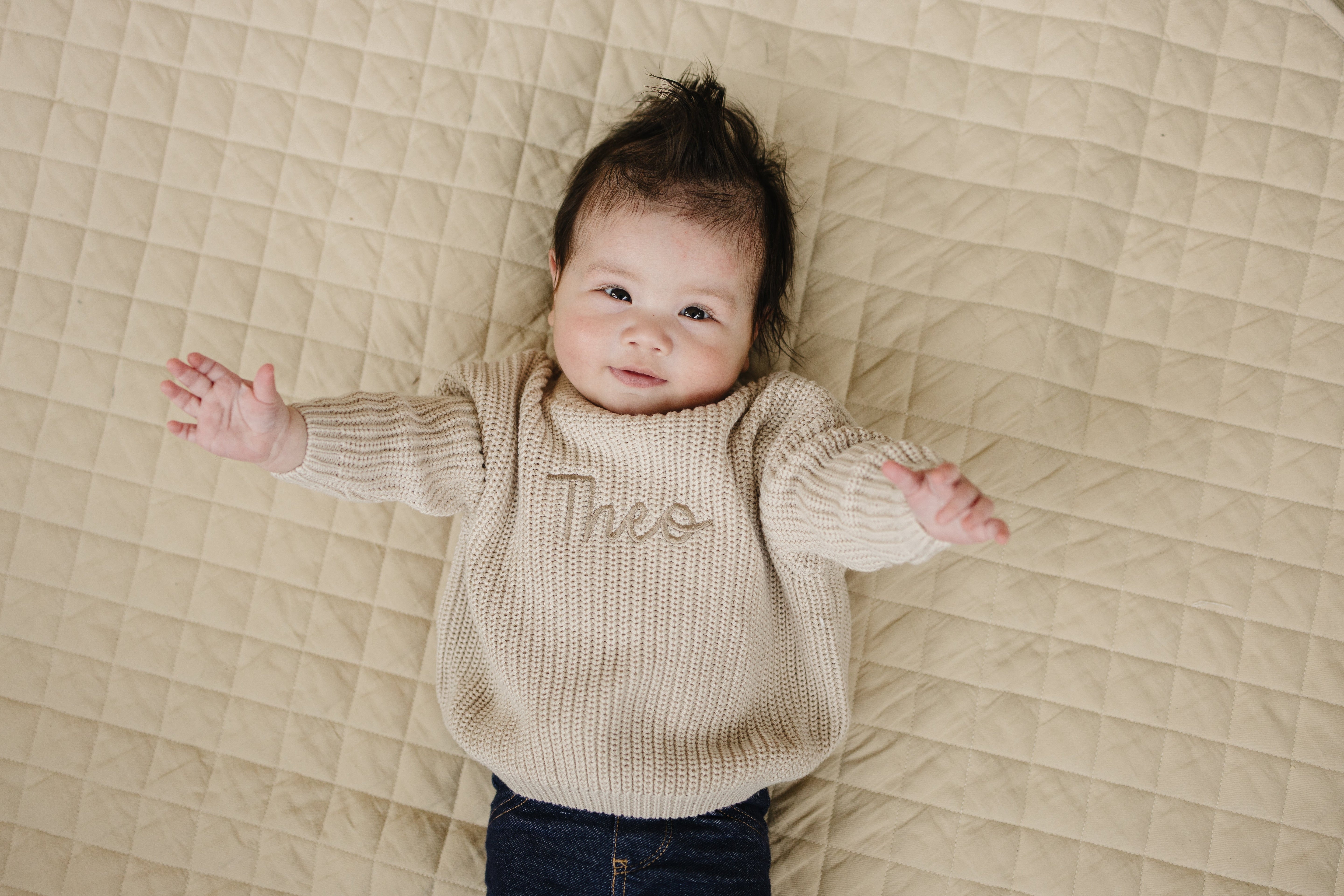 Custom Embroidered Knit Sweater - Beige Tone on Tone
