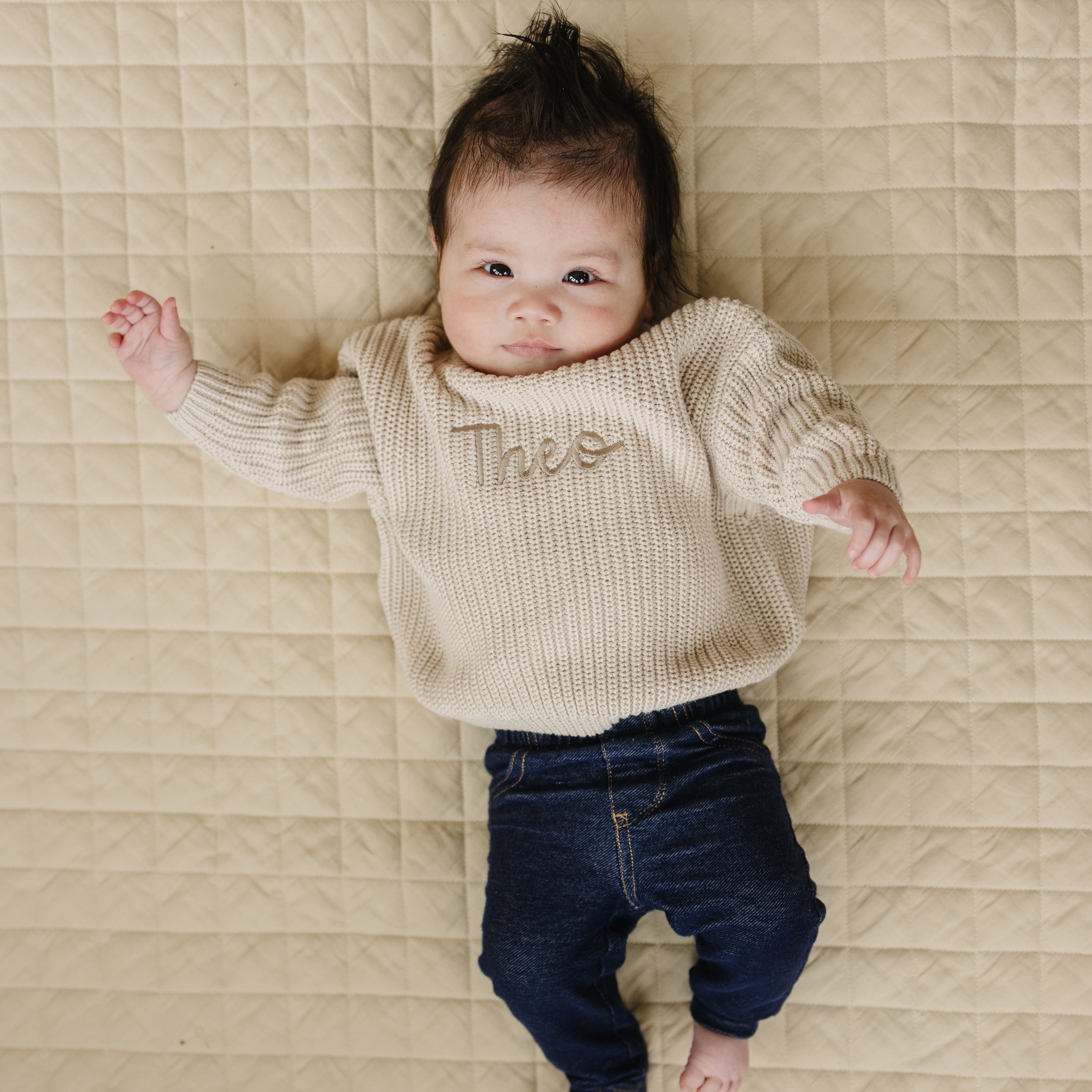 Custom Embroidered Knit Sweater - Beige Tone on Tone