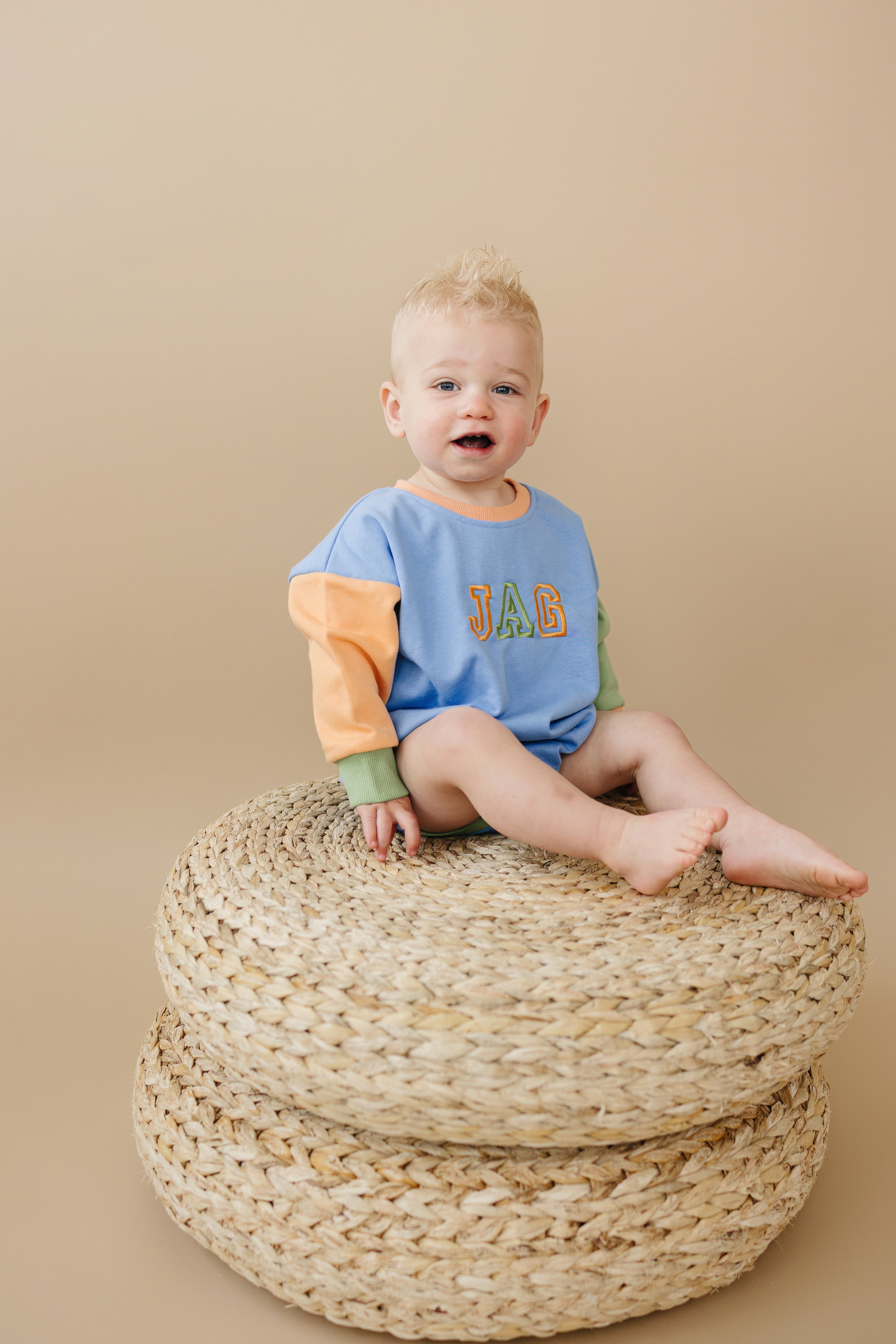 Custom Embroidered Colorblock Sweatshirt Romper - Orange Blue Green
