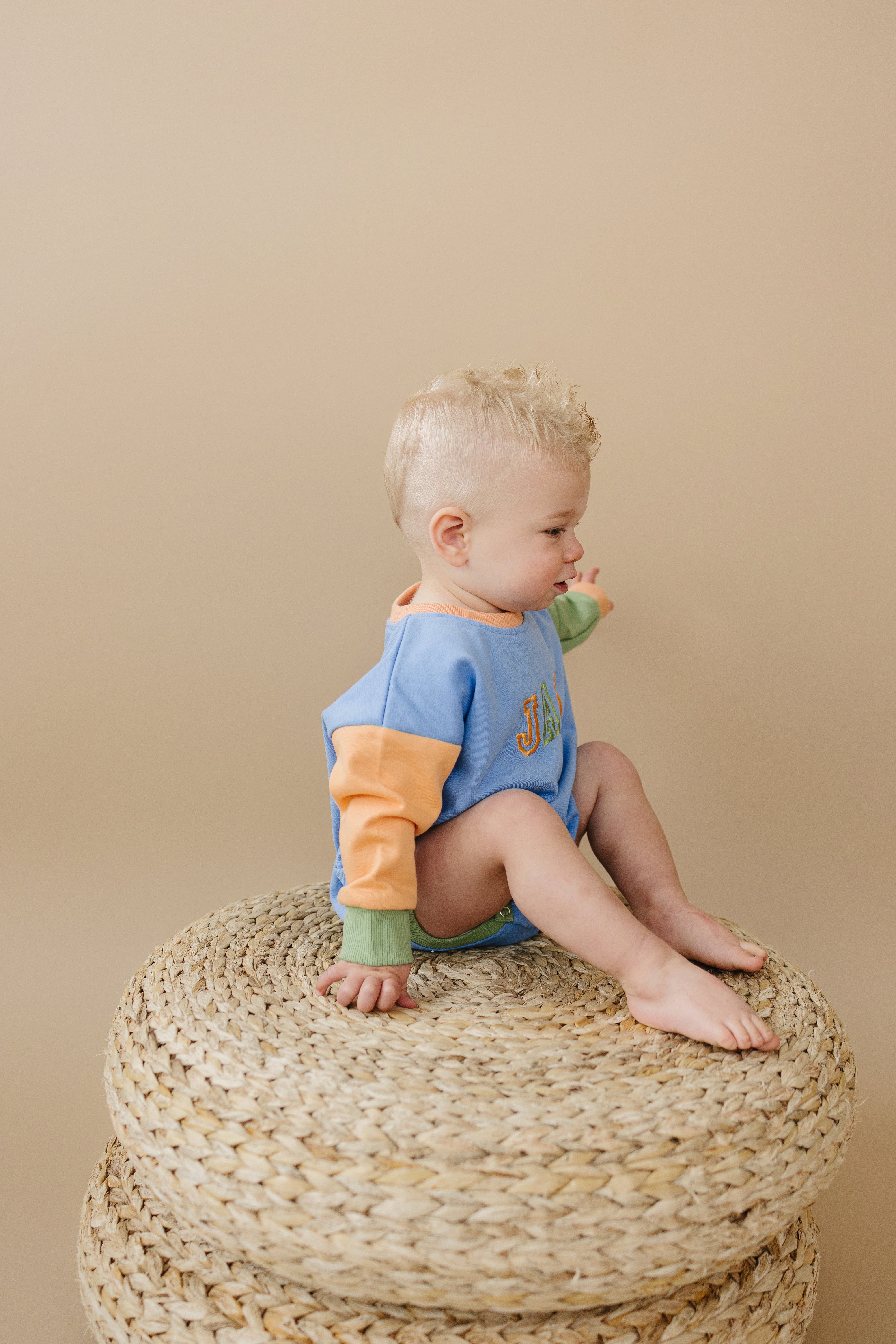 Custom Embroidered Colorblock Sweatshirt Romper - Orange Blue Green