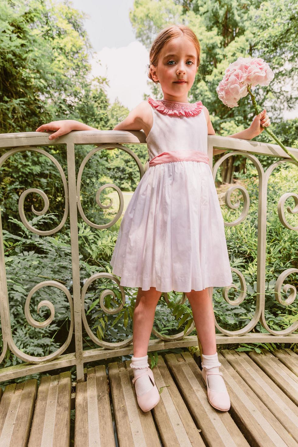 Peony White Smocked Dress With Pink Embroidered Collar