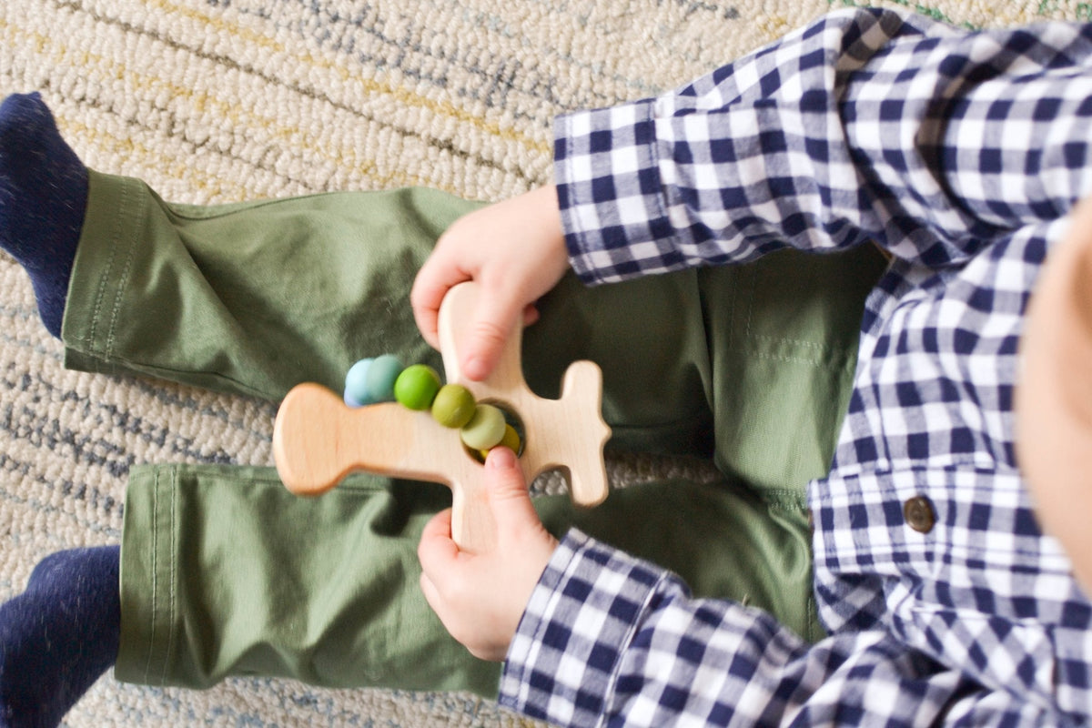 Airplane Wood Grasping Toy With Teething Beads