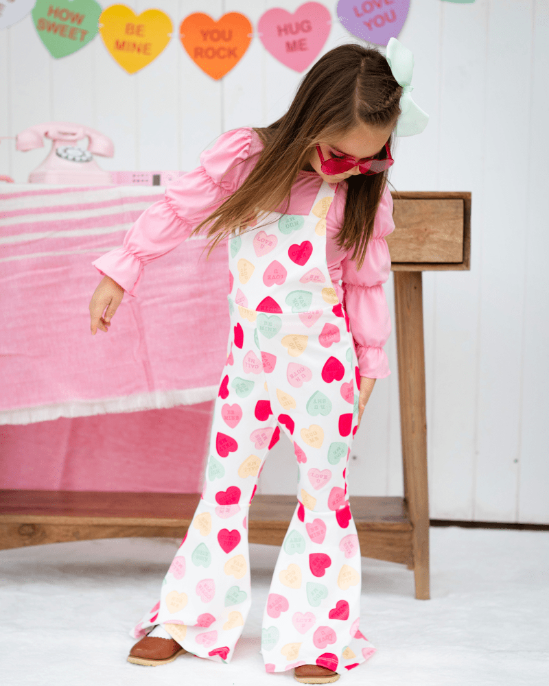 Andi Pleated Bell Bottom Jumpsuit - Conversation Hearts