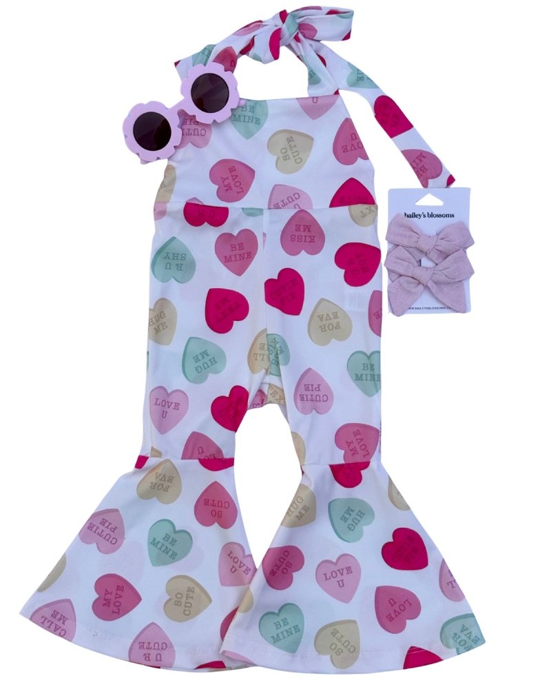 Andi Pleated Bell Bottom Jumpsuit - Conversation Hearts