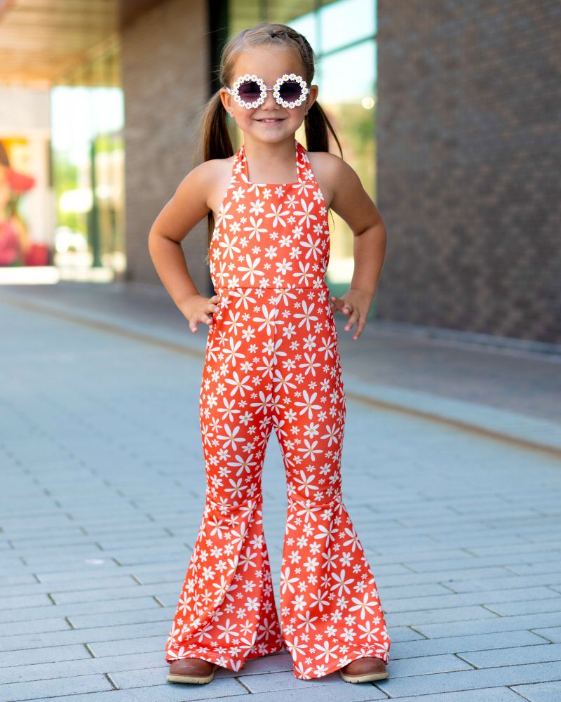 Andi Pleated Bell Bottom Jumpsuit - Orange Daisies
