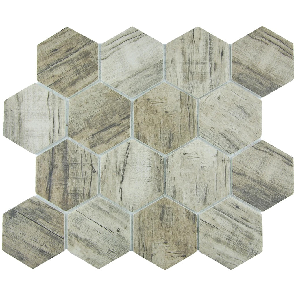 Linden 3" Hexagon on 11.75"x10.25" Mesh Glass Mosaic Tile Bark Series - Aquatica Collection