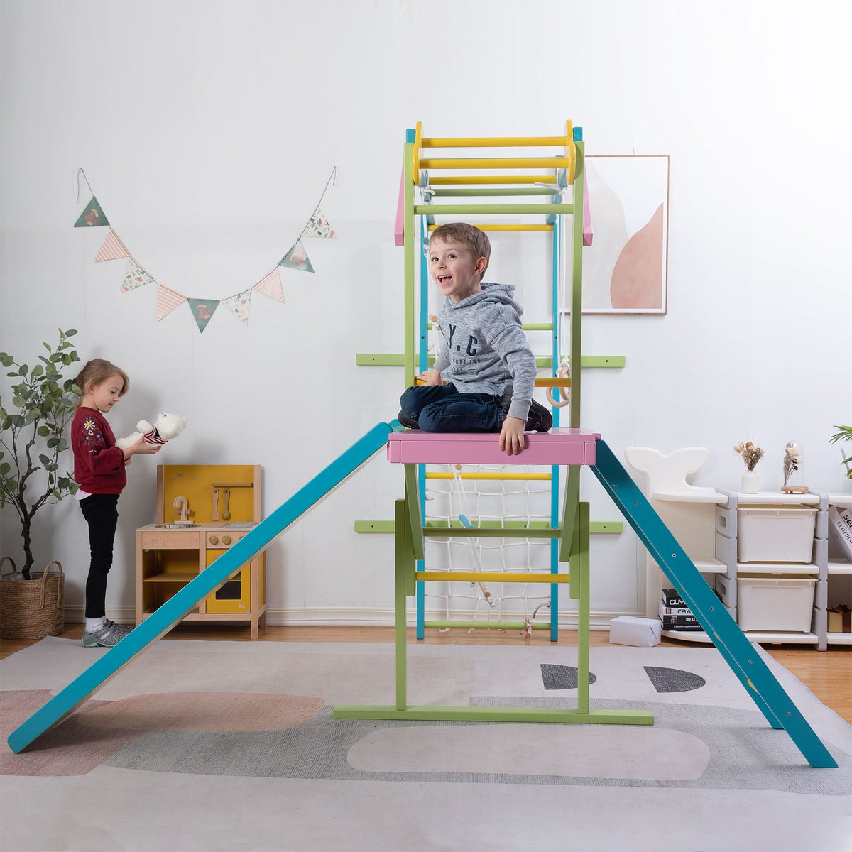 Grove Rainbow | Foldable Wall Mounted Indoor Jungle Gym, 8-in-1