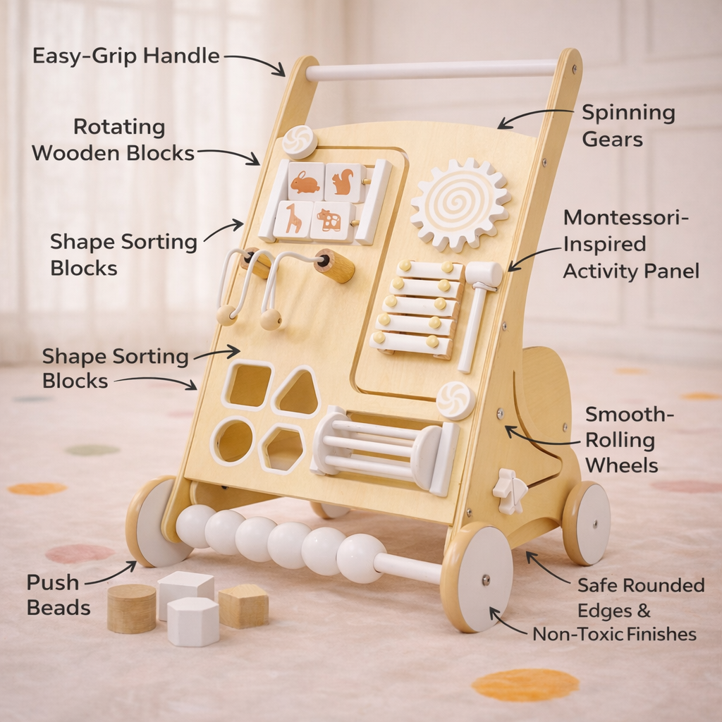 Wooden Baby Push Walker with Activity Panel | Montessori Walker for First Steps