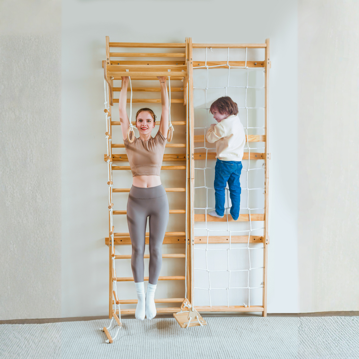 Neem 79" | Swedish Ladder & Rope Wall, Indoor Wooden Climber for Kids