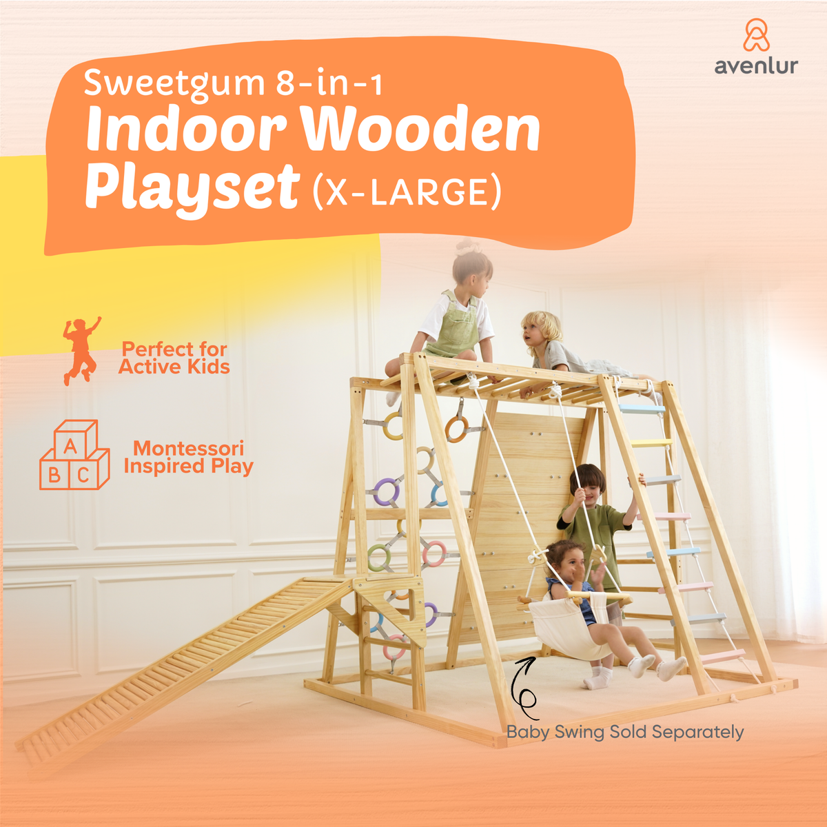 Sweetgum XL | 8-in-1 Indoor Playset for Toddlers with Slide and Swing