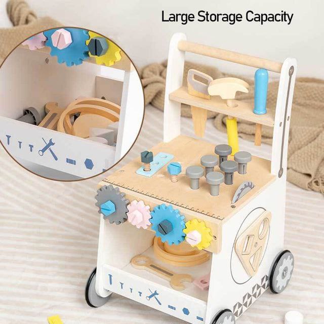 Wooden Tool Walker for Kids 3+ | Push Wagon with Toy Tool Set, Gears, Clock & Storage