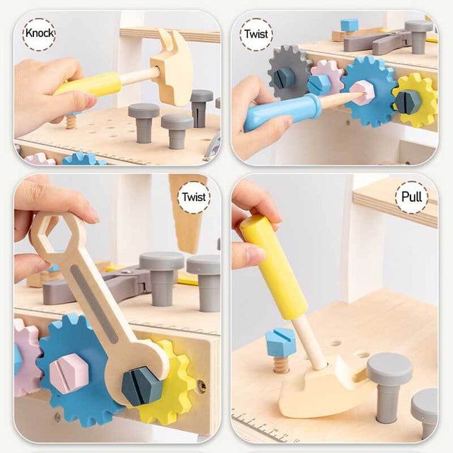 Wooden Tool Walker for Kids 3+ | Push Wagon with Toy Tool Set, Gears, Clock & Storage