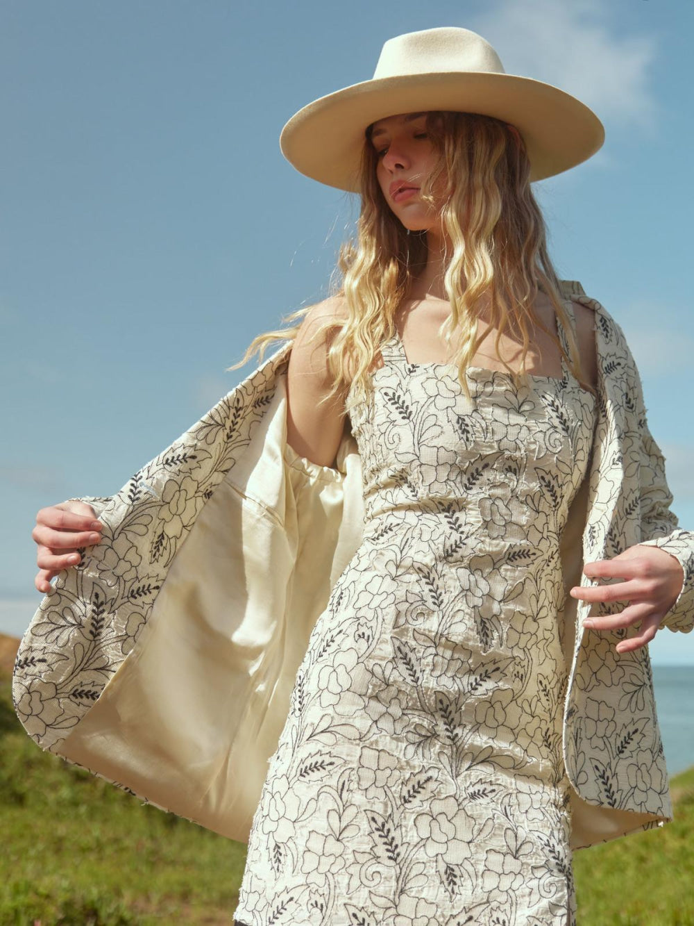 Avery Embroidered Fringe Mini Dress - Sand/Moonless Night Floral Outline Embroidery - FINAL SALE