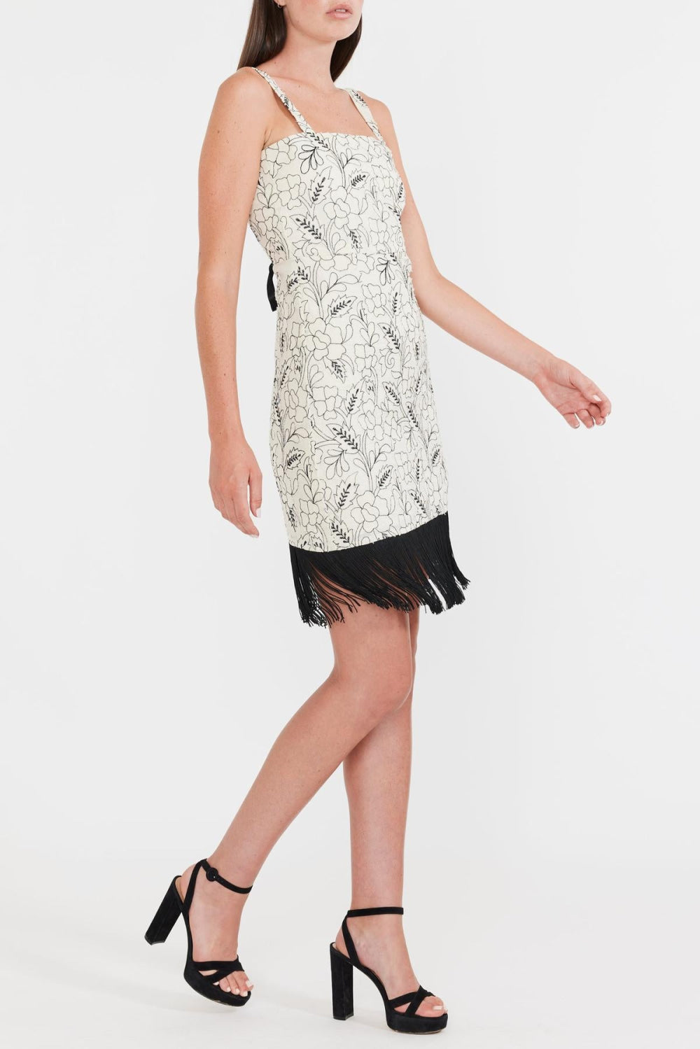 Avery Embroidered Fringe Mini Dress - Sand/Moonless Night Floral Outline Embroidery - FINAL SALE