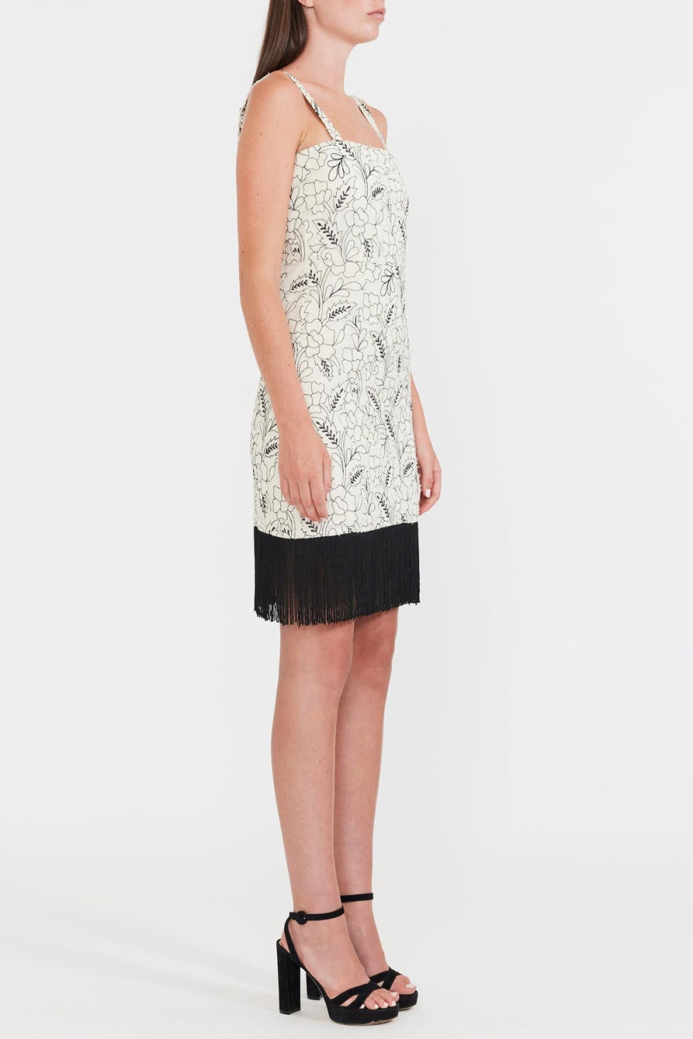 Avery Embroidered Fringe Mini Dress - Sand/Moonless Night Floral Outline Embroidery - FINAL SALE