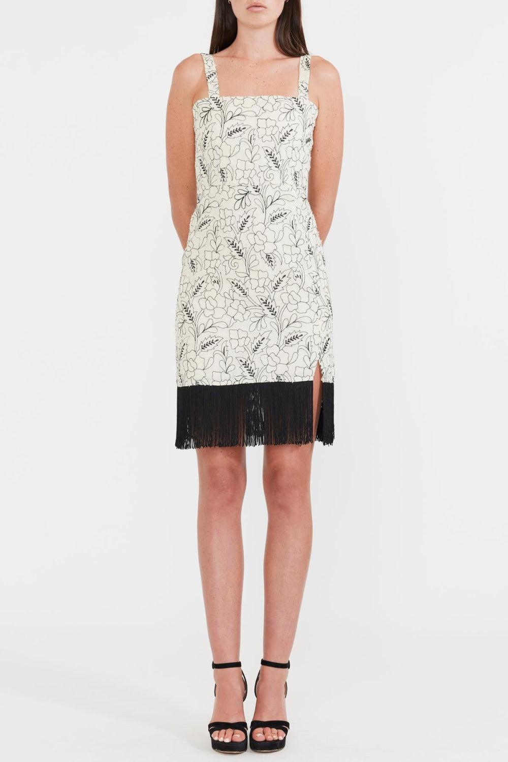 Avery Embroidered Fringe Mini Dress - Sand/Moonless Night Floral Outline Embroidery - FINAL SALE