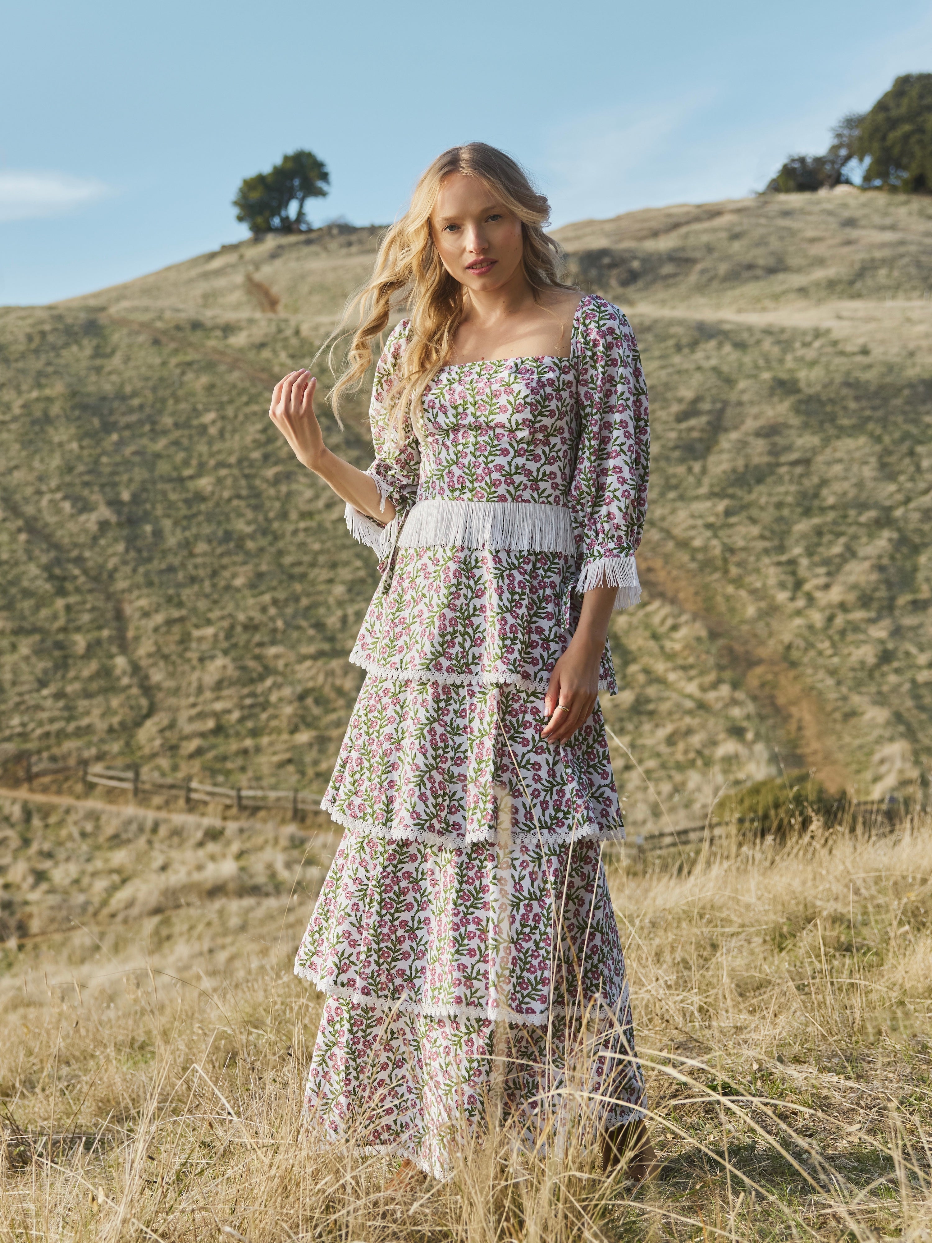 Peyton Puff Sleeve Fringe Top - Ivory/Amaranth Floral