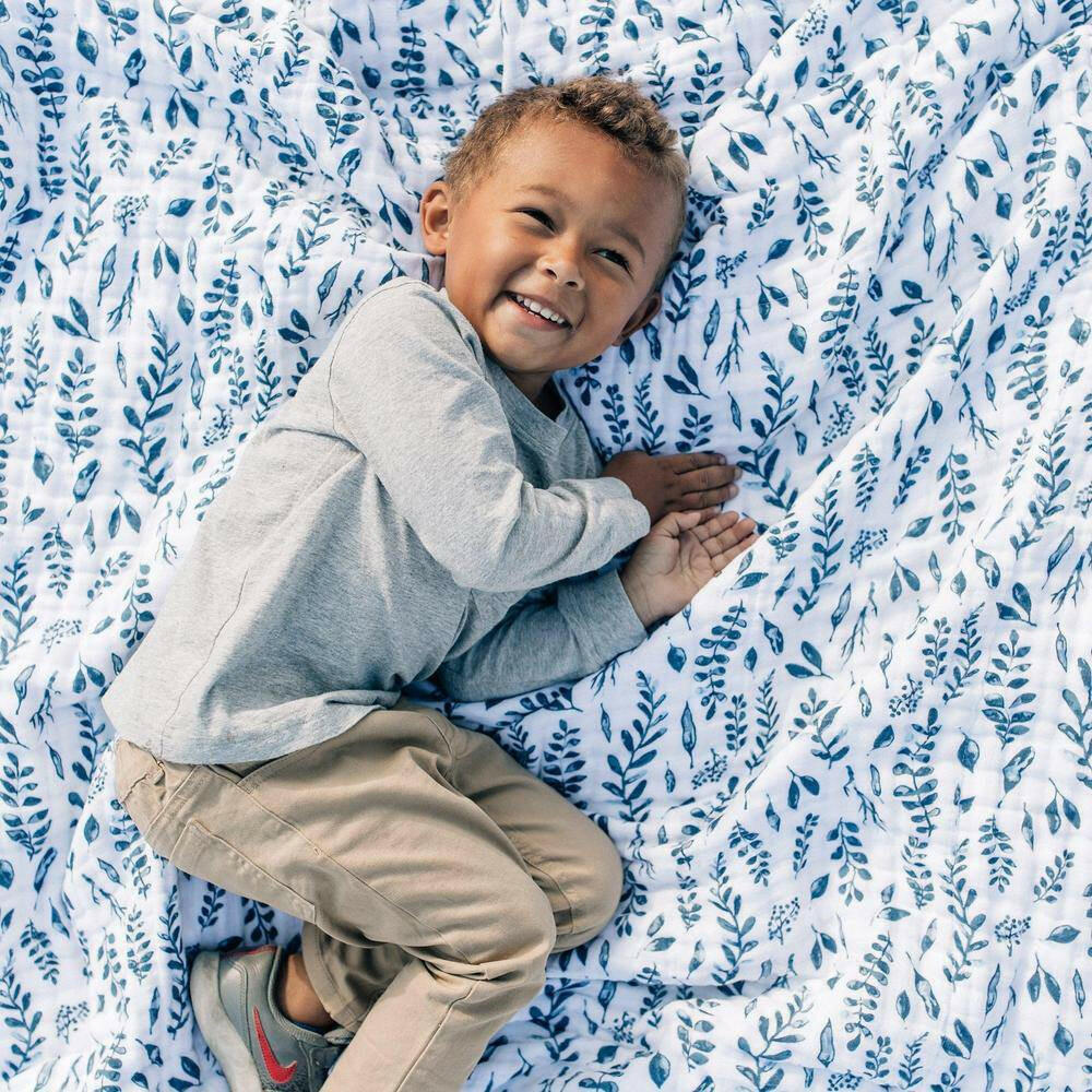 Blue Leaves + Cornflower Classic Muslin Super Snuggle Blanket Super Snuggle Blanket Bebe au Lait