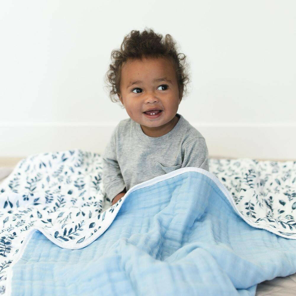 Blue Leaves + Cornflower Premium Cotton Snuggle Blanket Snuggle Blanket Bebe au Lait