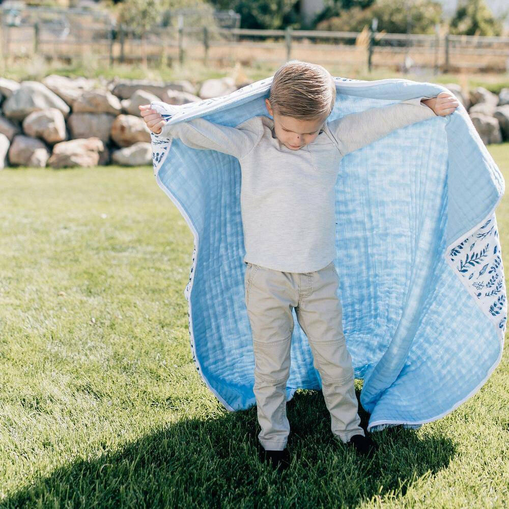 Blue Leaves + Cornflower Premium Cotton Snuggle Blanket Snuggle Blanket Bebe au Lait