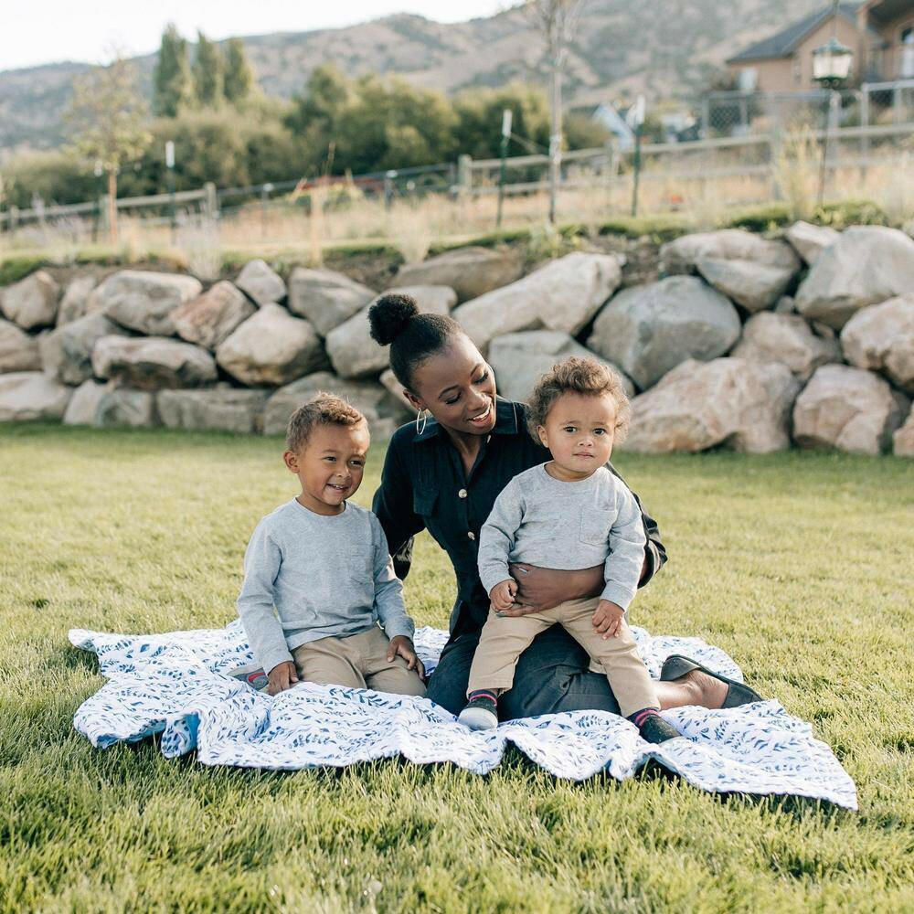 Blue Leaves + Cornflower Premium Cotton Snuggle Blanket Snuggle Blanket Bebe au Lait
