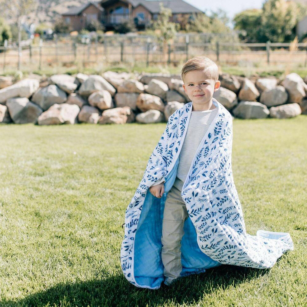 Blue Leaves + Cornflower Premium Cotton Snuggle Blanket Snuggle Blanket Bebe au Lait