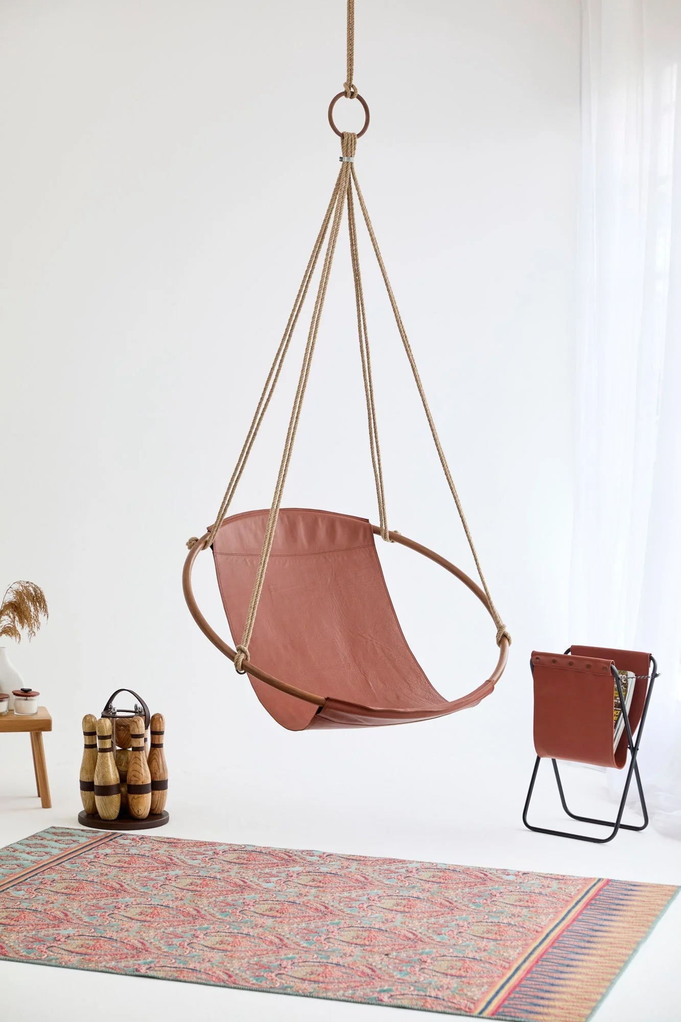 Genuine Leather Round Hanging Chair Brown Teak Frame