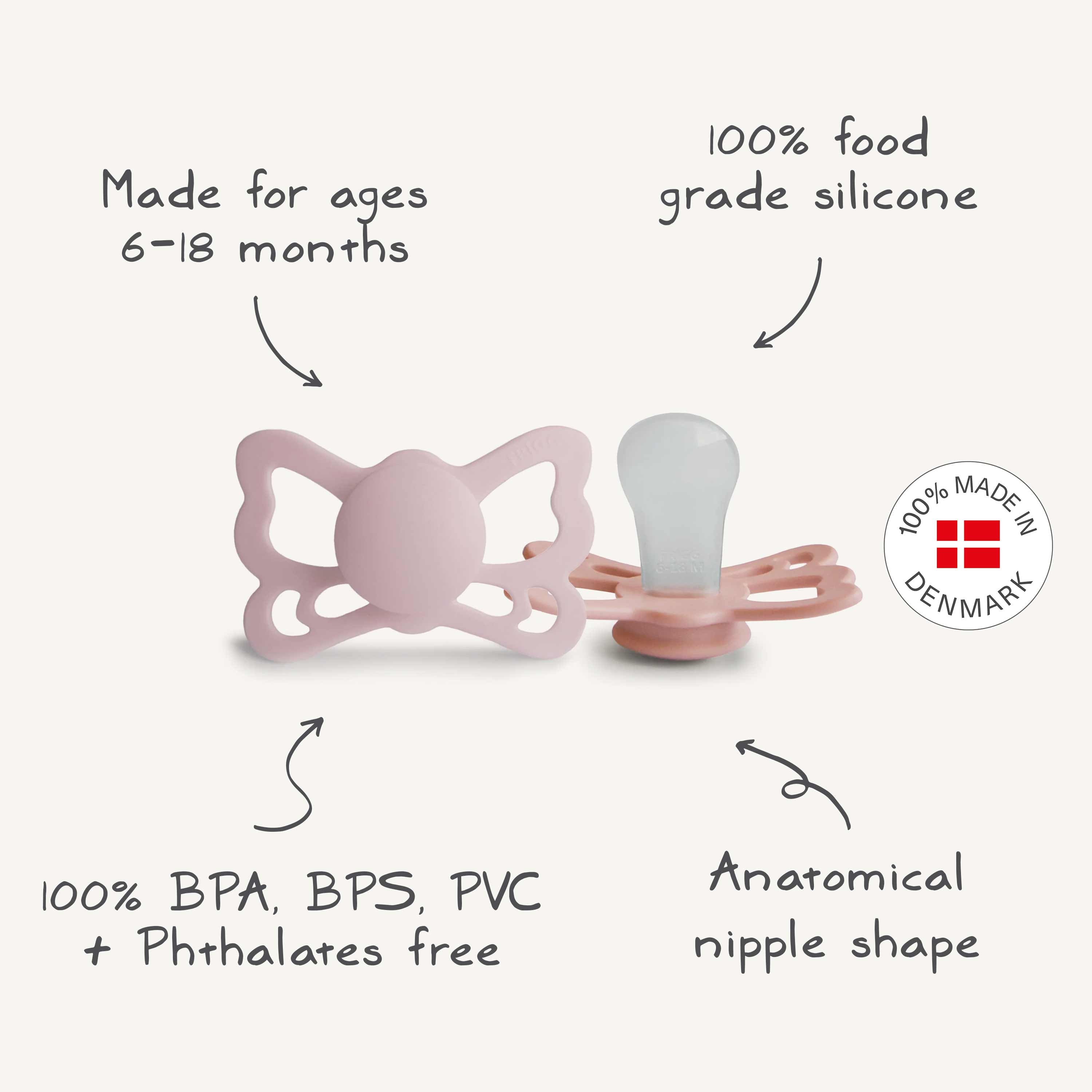 FRIGG Butterfly Anatomical Silicone Pacifier 2-Pack (6-18 Months) SILICONE FRIGG PACIFIERS Mushie