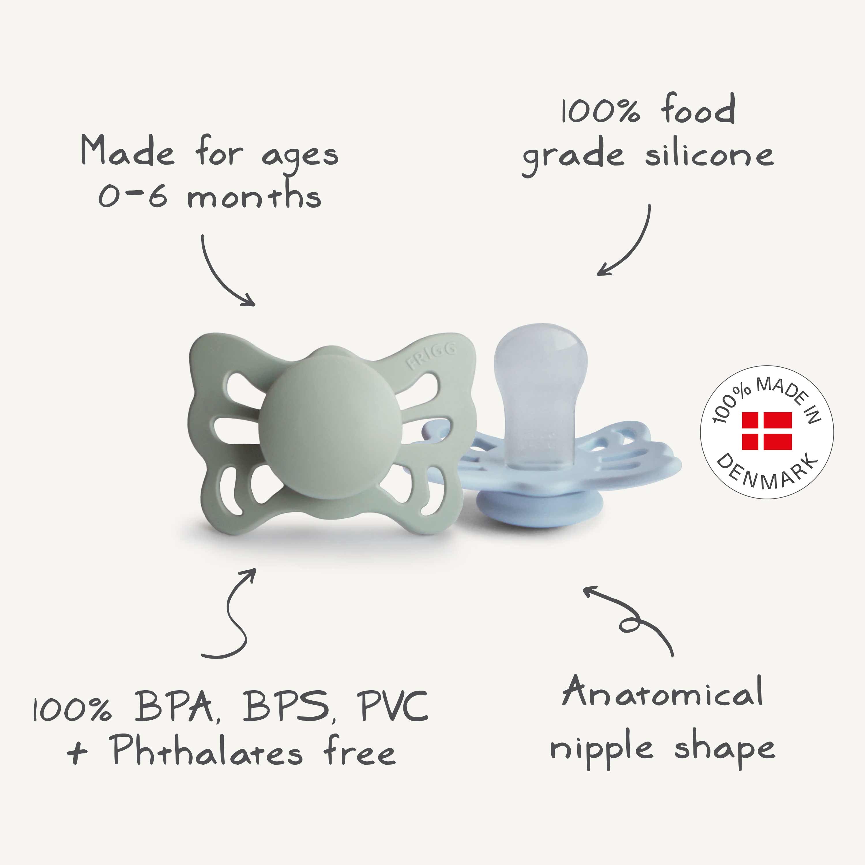 FRIGG Butterfly Anatomical Silicone Pacifier 2-Pack (0-6 Months) FRIGG PACIFIERS Mushie