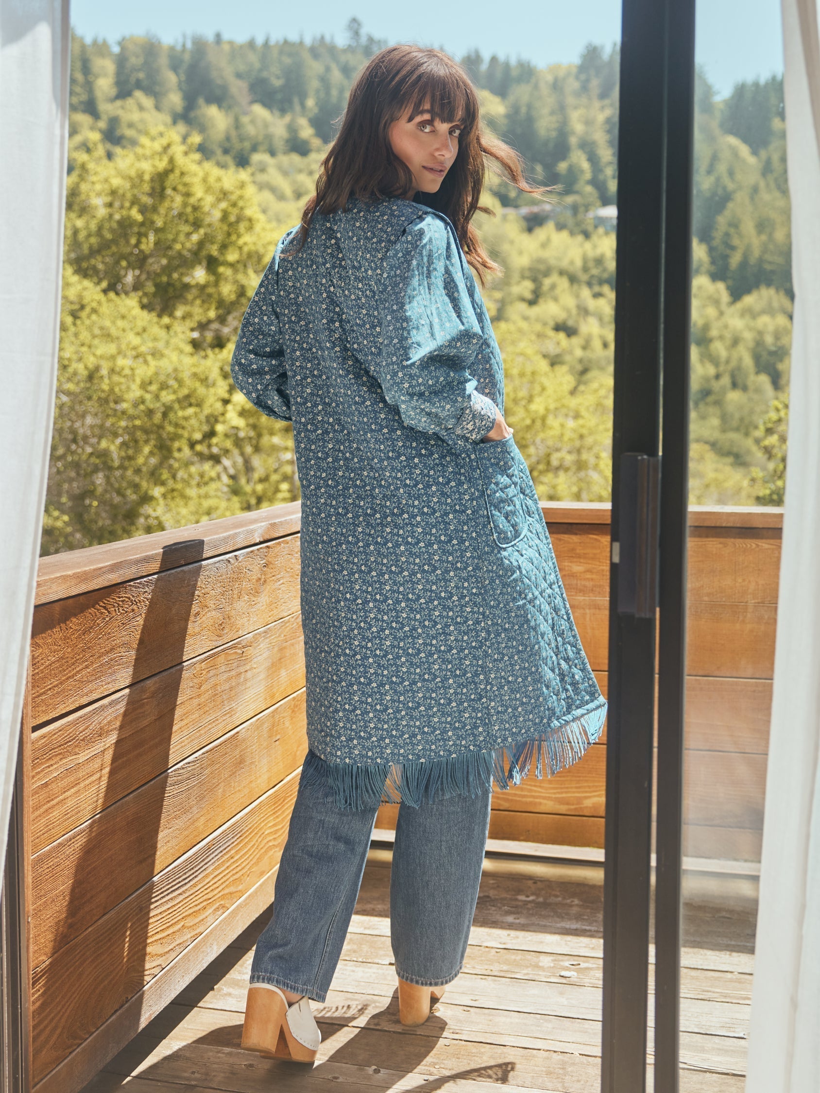 Therese Quilted Reversible Fringe Midi Vest - Tawny/Multicolor Floral & Queen Blue/Mini Alabaster Floral