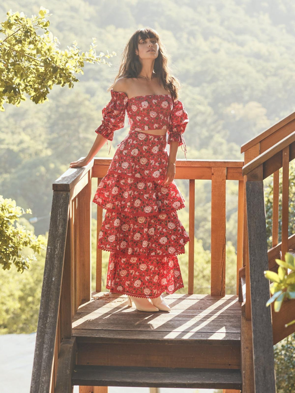 Casey Puff Sleeve Top - Scarlet/Ivory Rose Floral - FINAL SALE