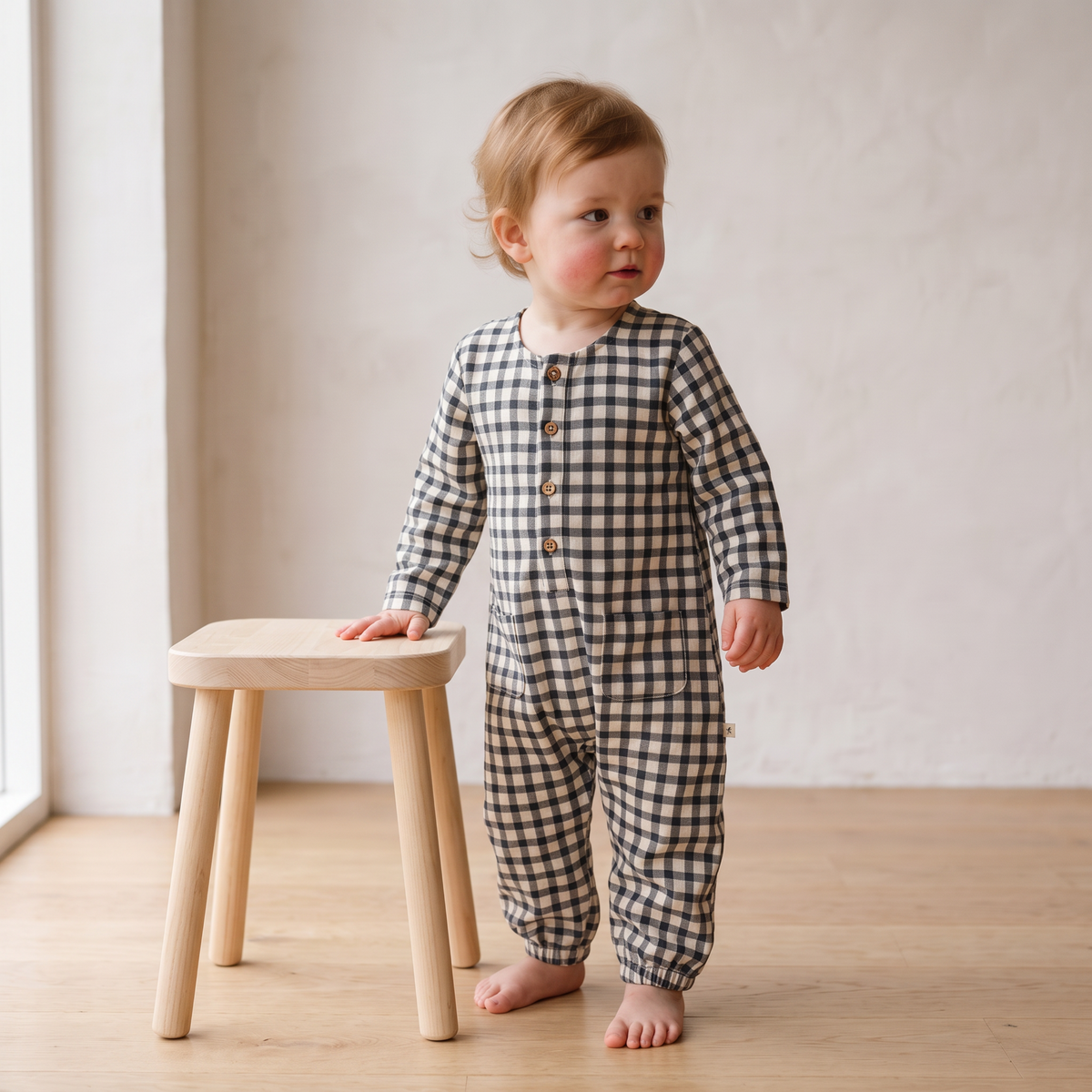 Organic Long Sleeve Button Romper - Charcoal Plaid