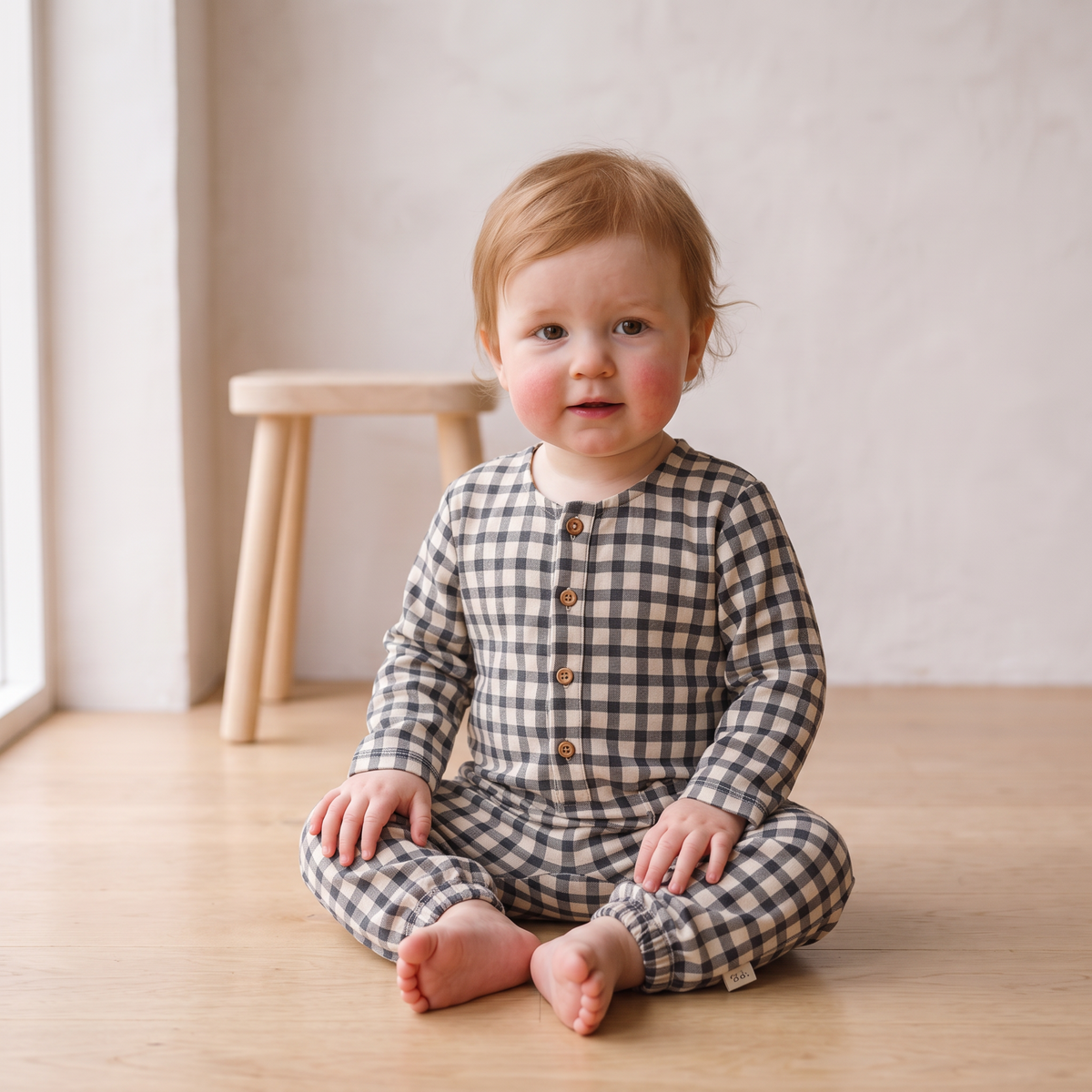 Organic Long Sleeve Button Romper - Charcoal Plaid