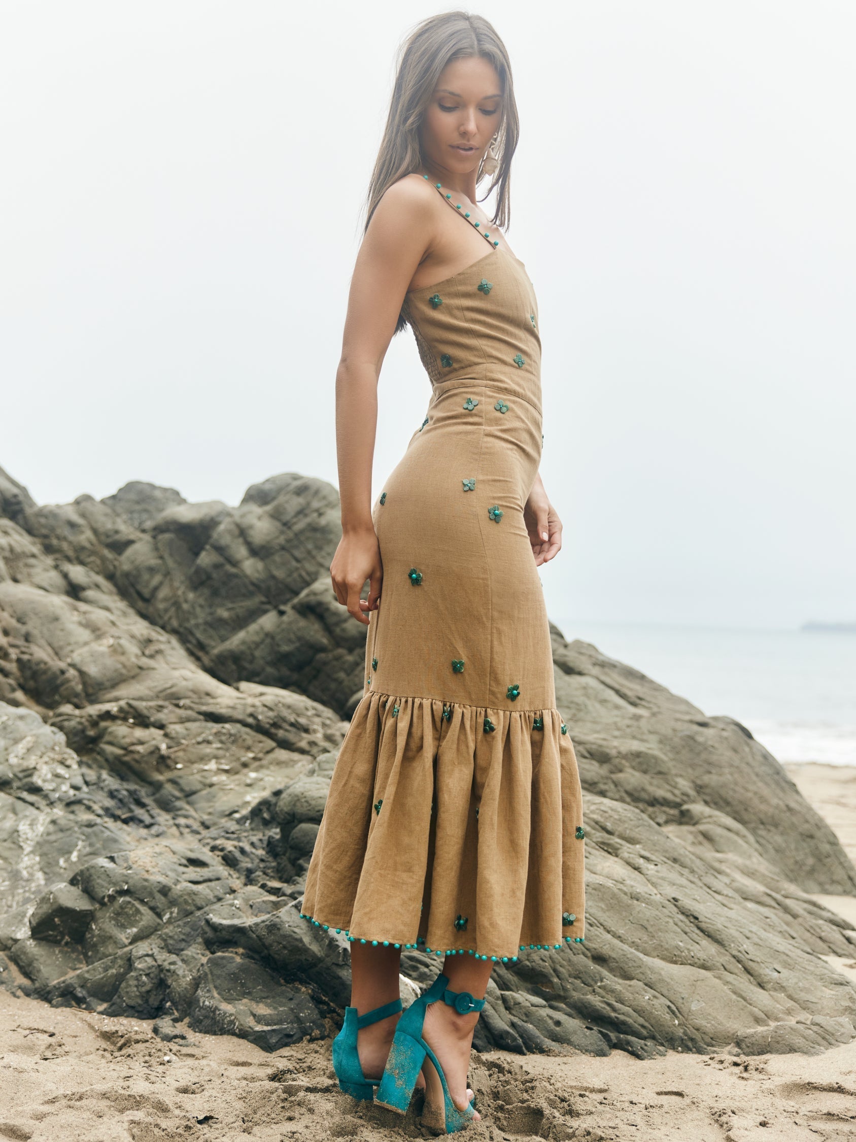 Desirae Midi Dress - Light Fawn & Emeralds