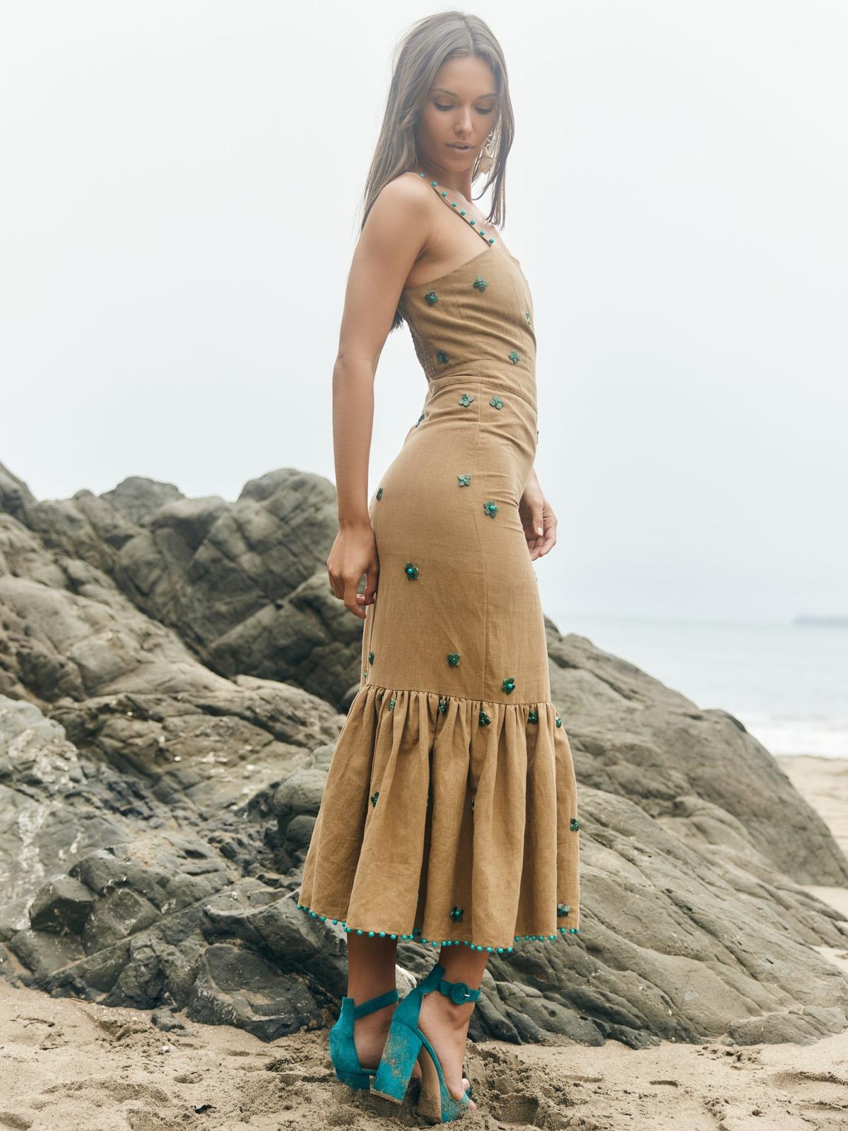 Desirae Midi Dress - Light Fawn & Emeralds