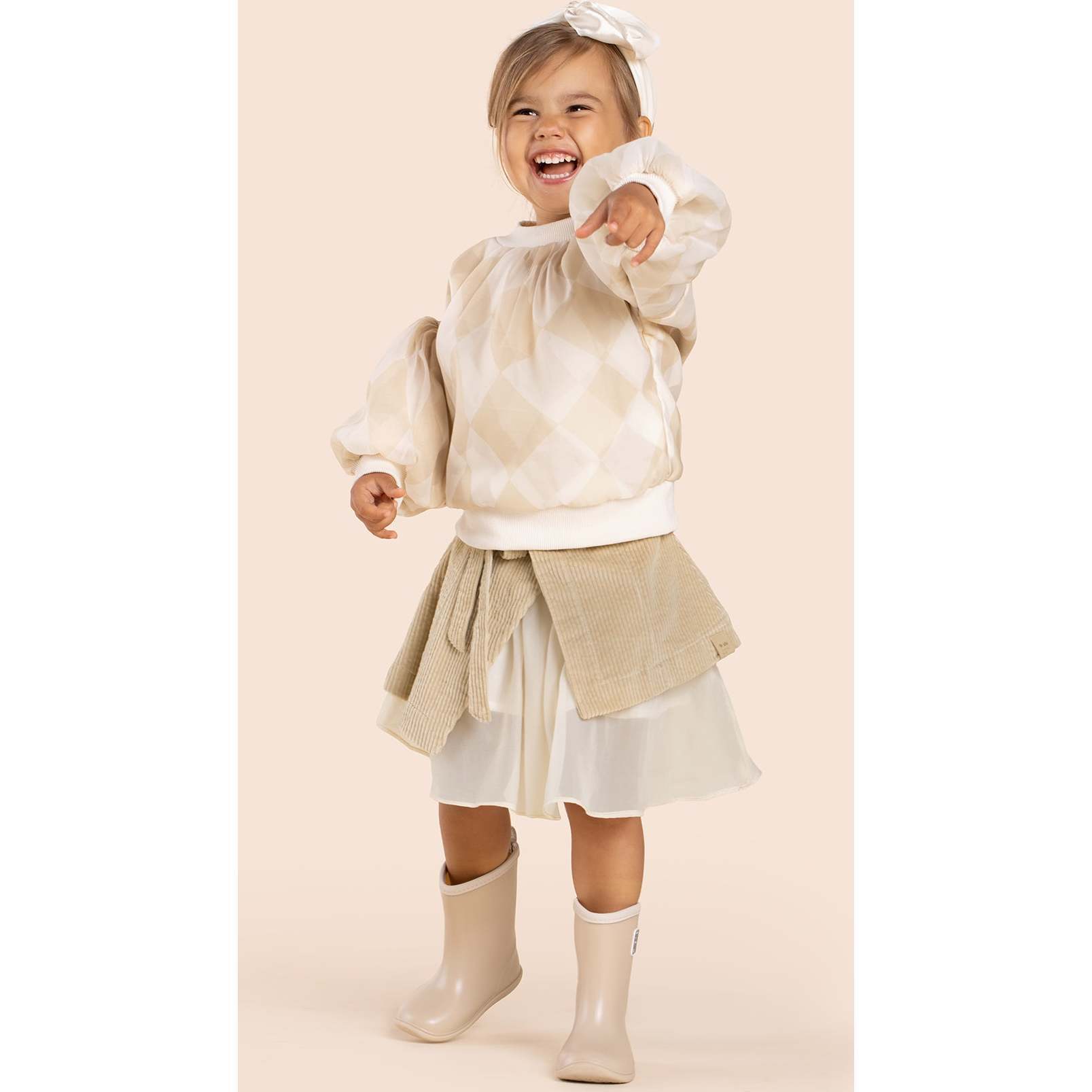 Girls Organza & Terry Sweatshirt - Beige