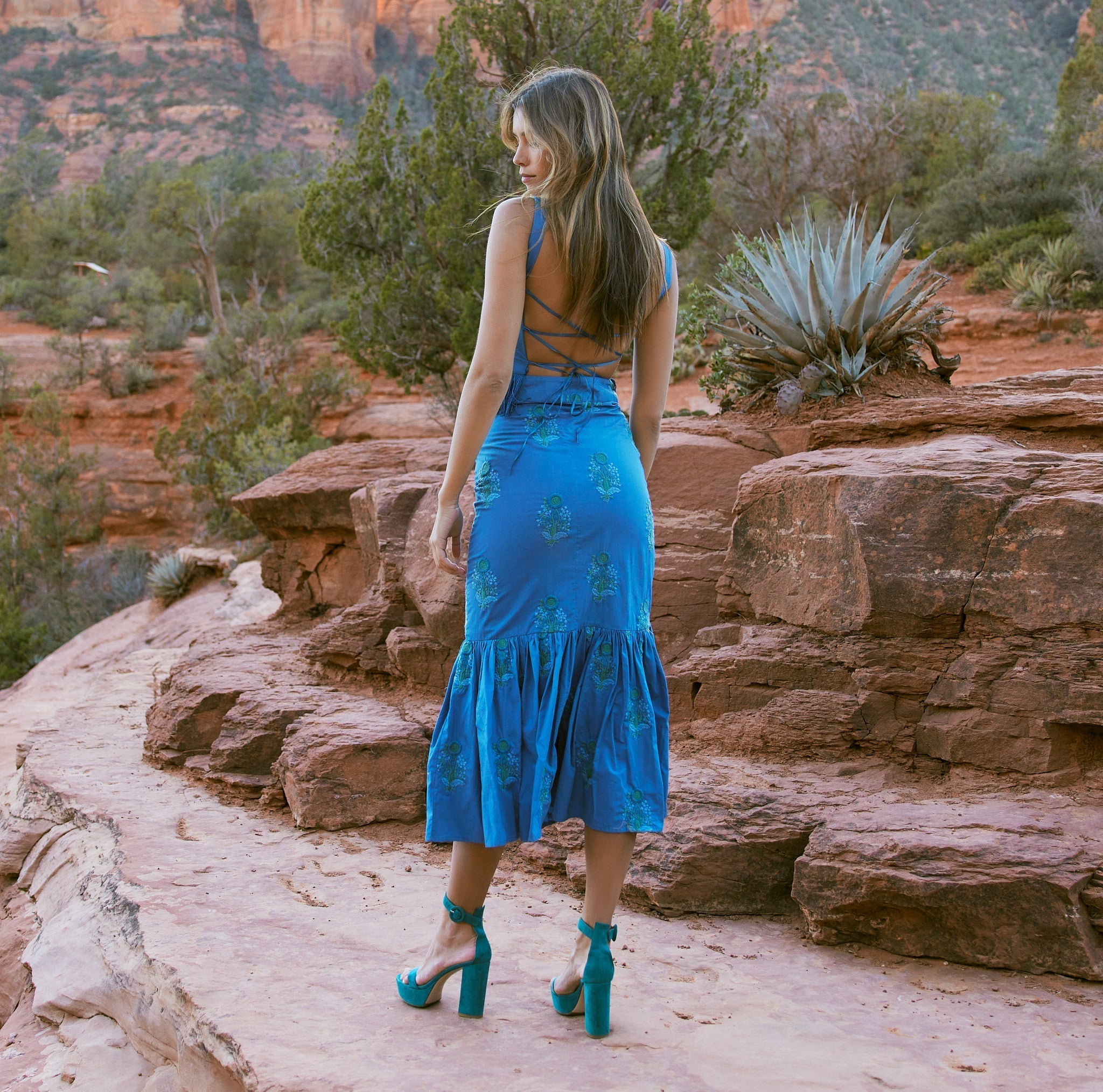 Brook Embroidered Fluted Skirt - Prussian Blue/Placed Floral Embroidery