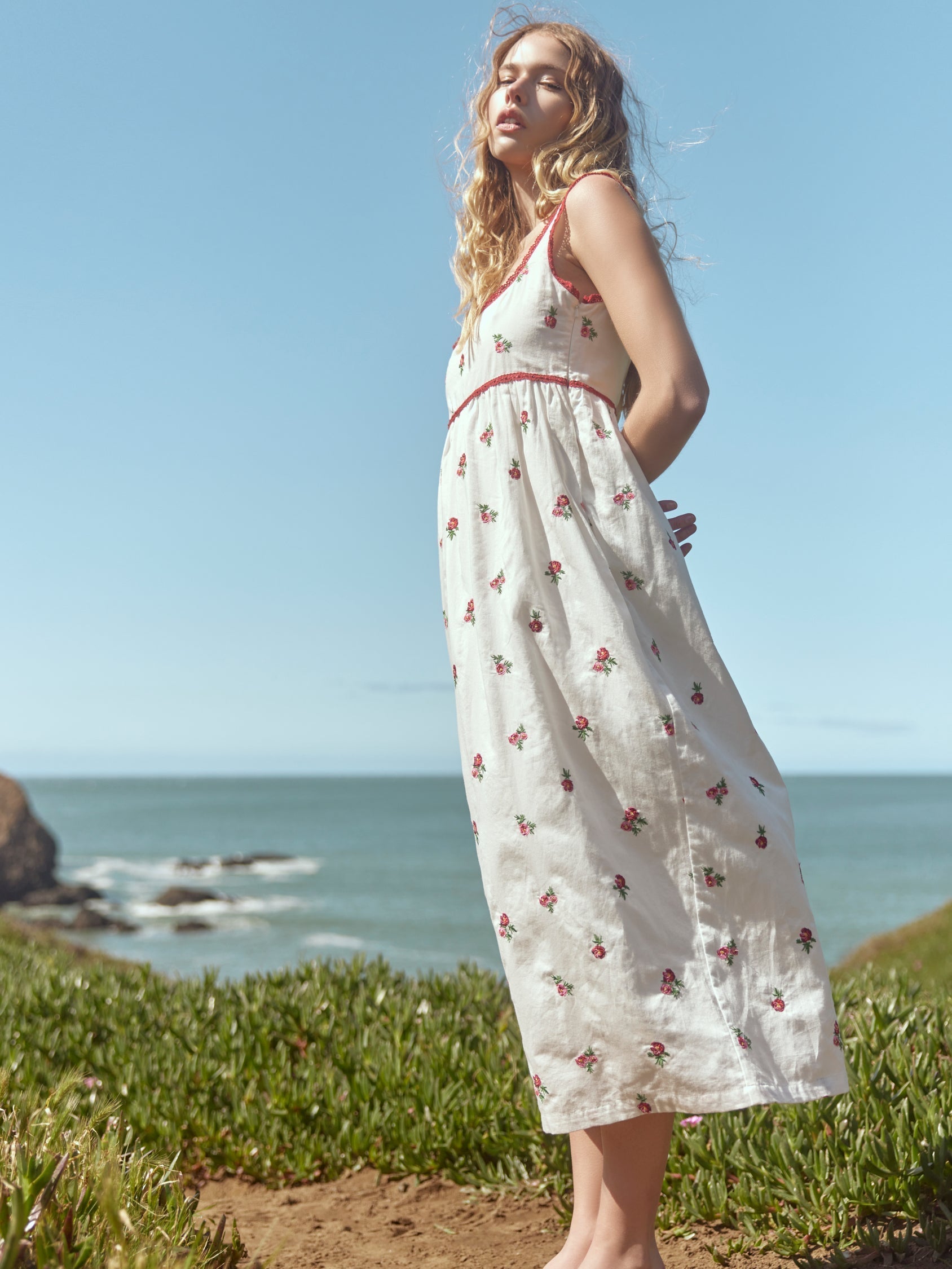 Emily Embroidered Midi Dress - Sugar/Salsa Ditsy Floral Embroidery
