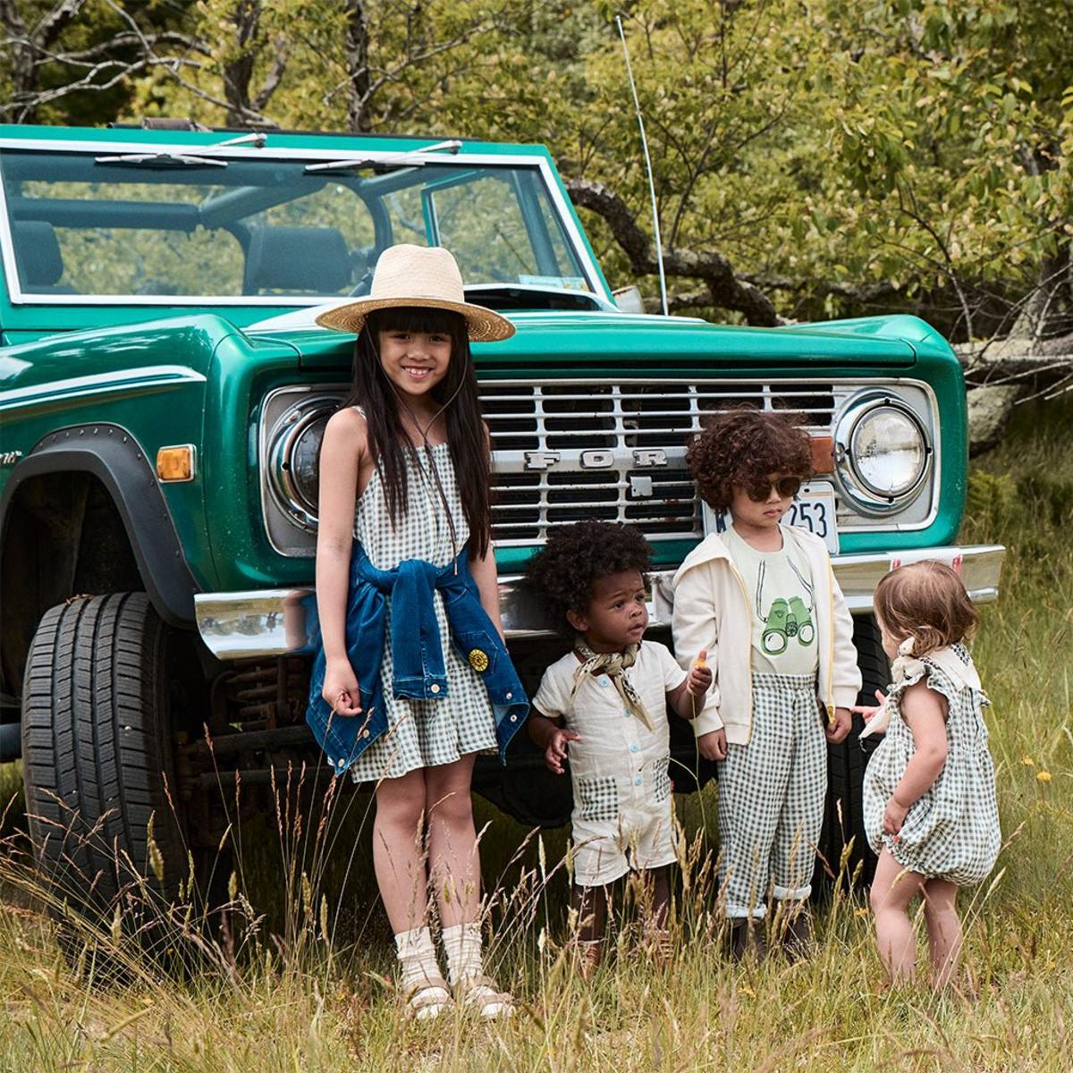 Gingham Linen Baby Girl Romper - Natural/faded Denim