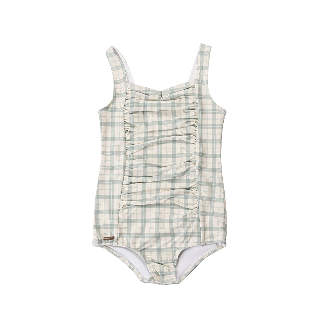 Vintage Girls 1 Piece Swimsuit | UPF + Recycled - Fern Plaid