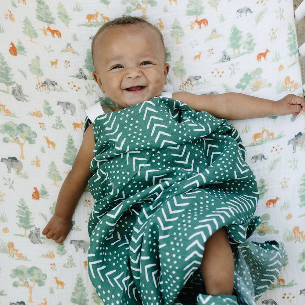 Muslin Swaddle Blanket Set Premium Cotton Forest Friends + Mudcloth Swaddle Blanket Bebe au Lait