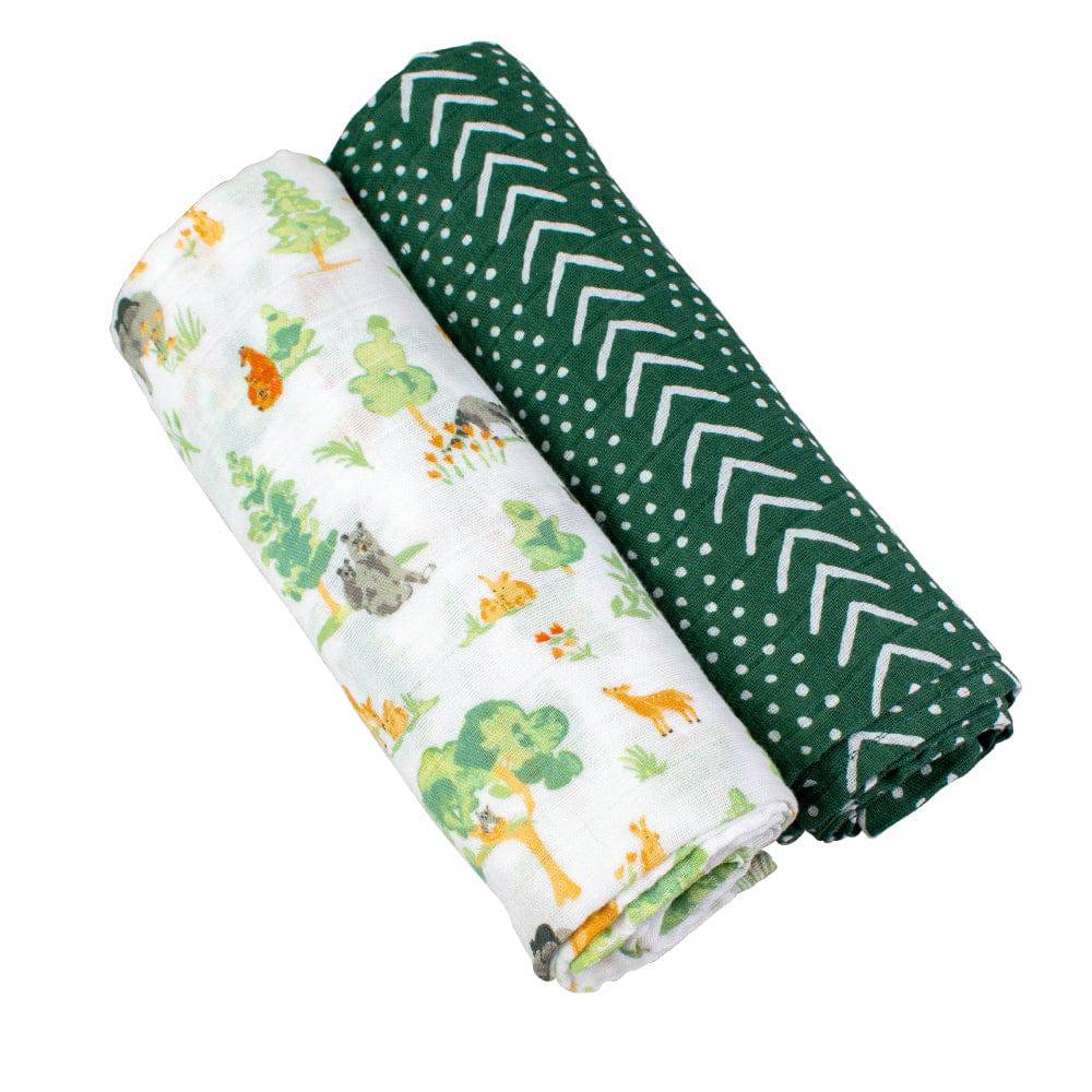 Muslin Swaddle Blanket Set Premium Cotton Forest Friends + Mudcloth Swaddle Blanket Bebe au Lait