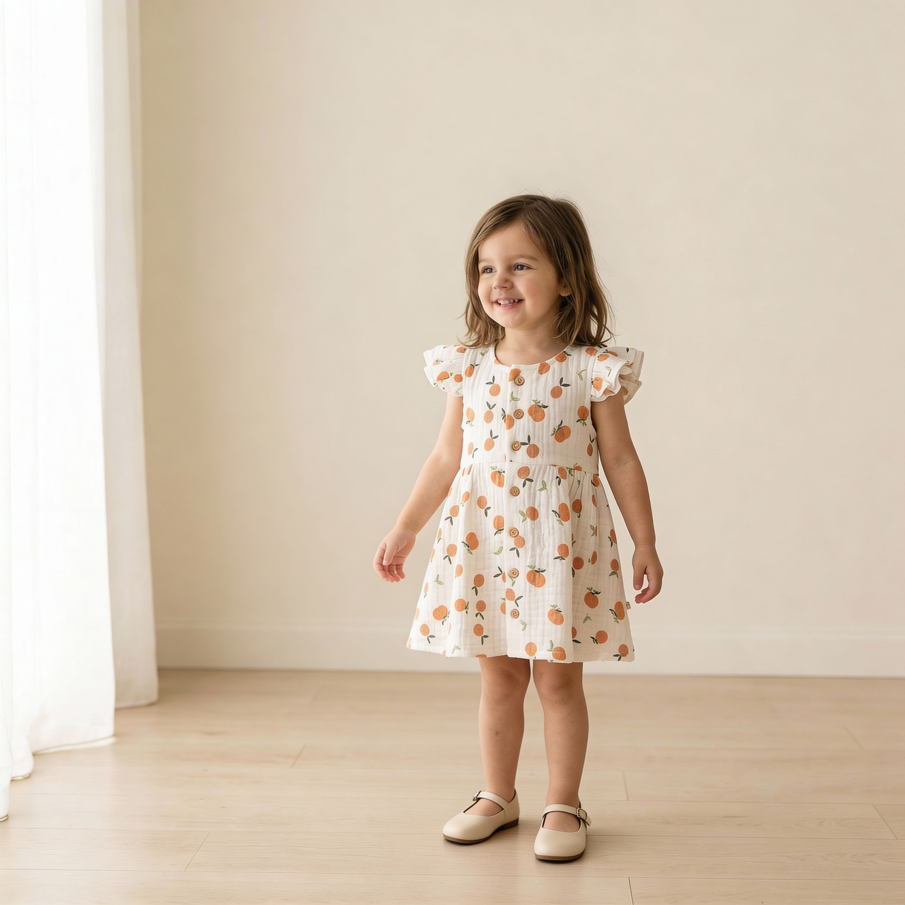 Organic Button Flutter Dress - Mandarin