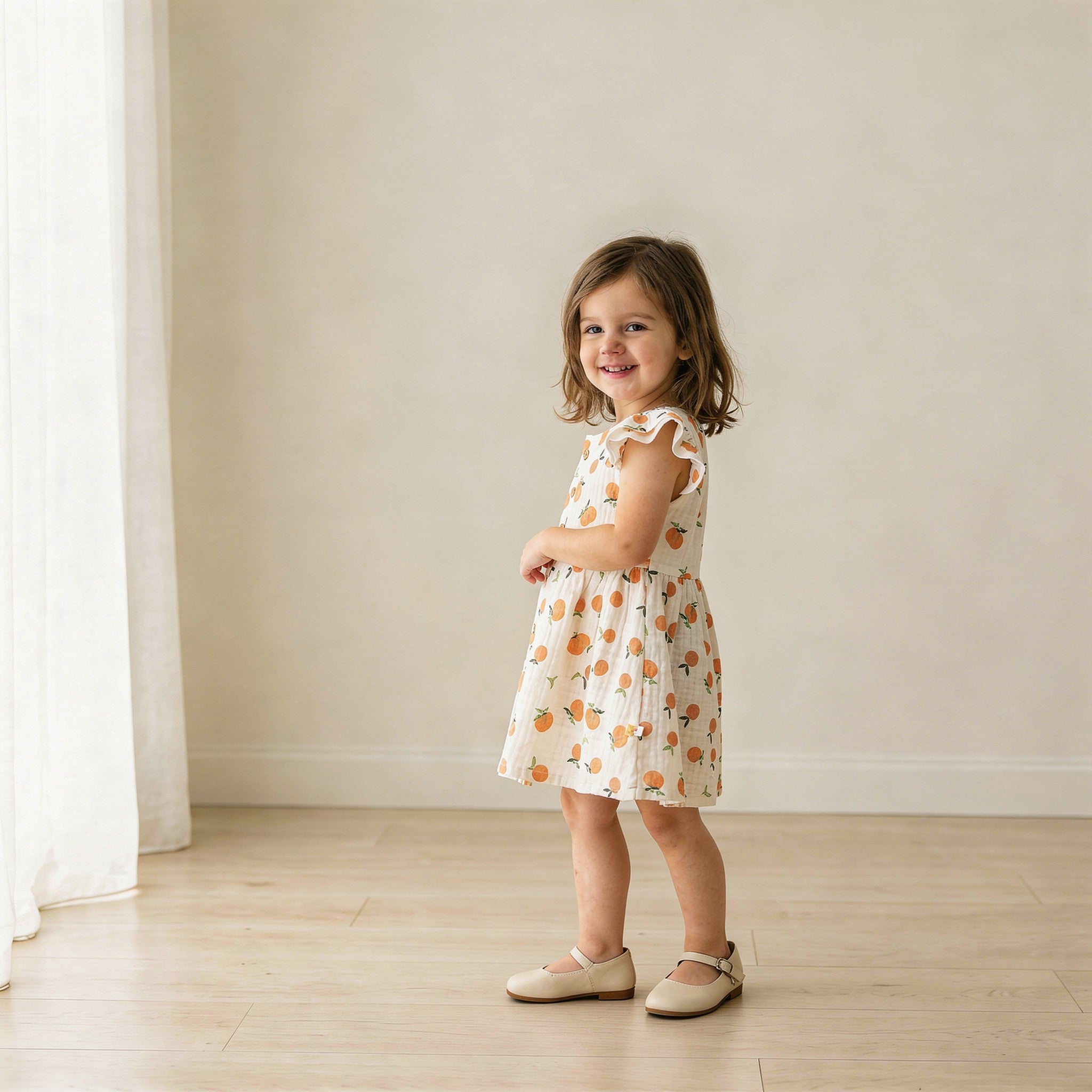 Organic Button Flutter Dress - Mandarin