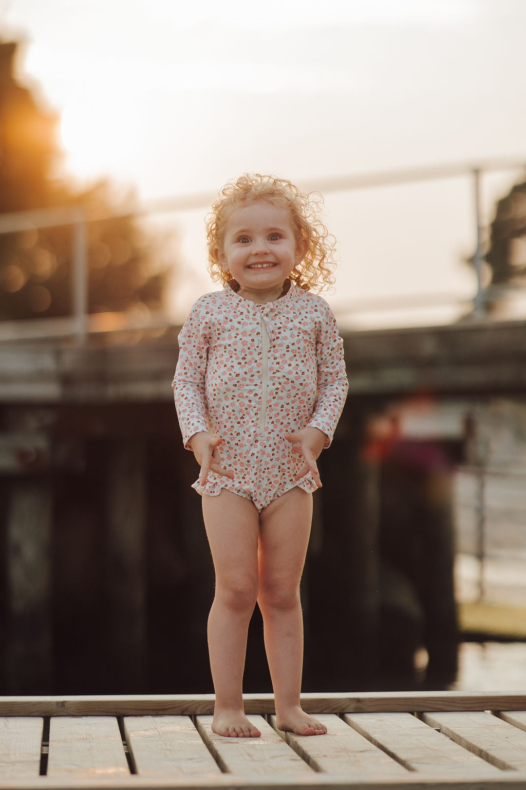 Long Sleeve Rashguard Ruffle Swimsuit | UPF + Recycled - Sunset Meadow
