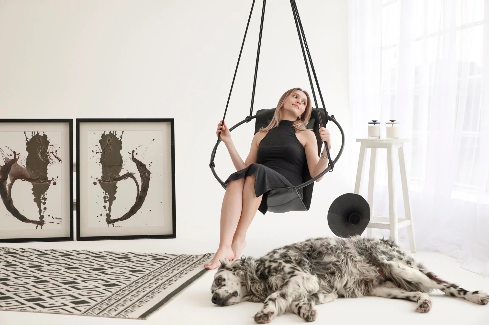 Genuine Leather Round Hanging Chair Black